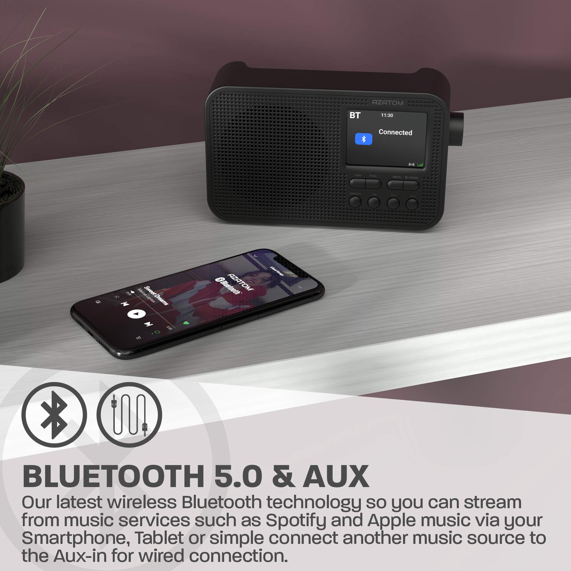 AZATOM Aspire DAB/DAB+ FM & Bluetooth Digital Portable Radio, 60 Preset