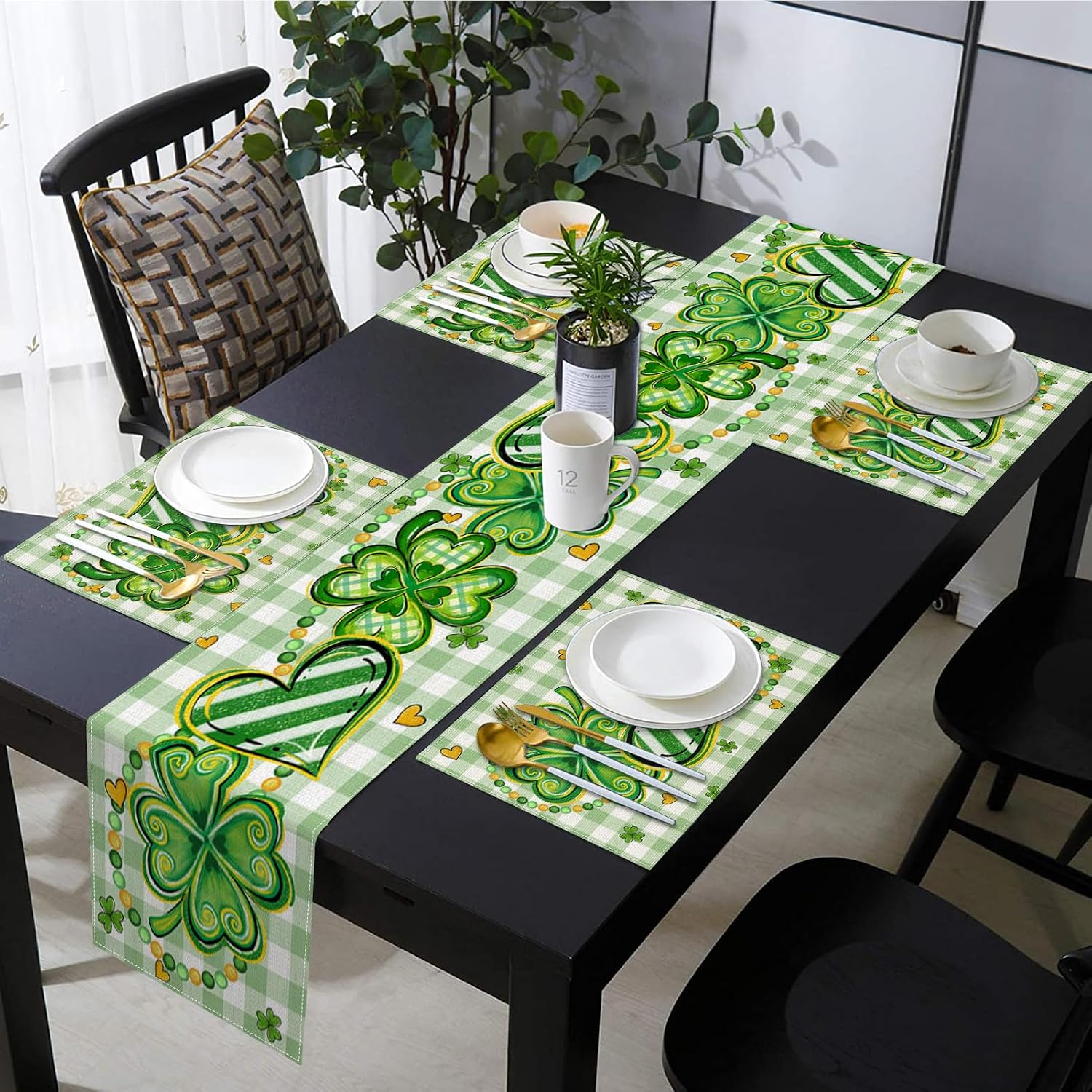 Emvency Table Runner and Placemats Set of 6, St Patricks Day Watercolor image 4