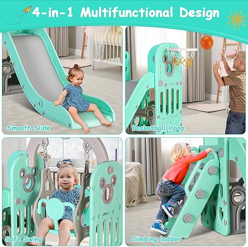 Miniatura 3 de MAMIZO Juego de tobogán y columpio 7 en 1 para niños pequeños, juego independiente de escalador de tobogán para niños con aro de baloncesto, patio