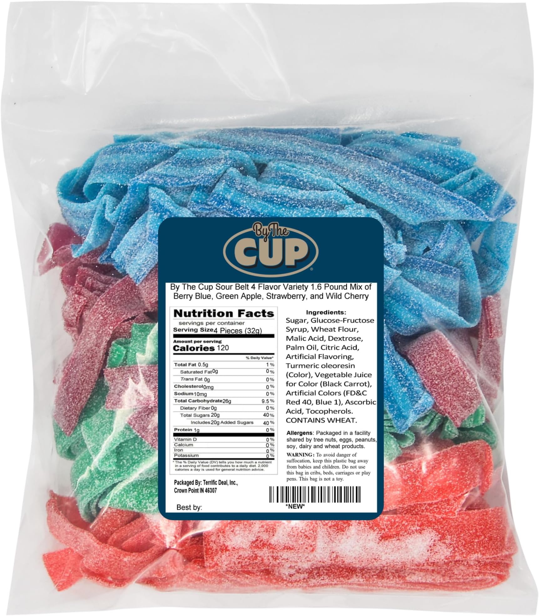 By The Cup Sour Belt 4 Flavor Variety 1.6 Pound Mix of Berry Blue, Green Apple, Strawberry, and Wild Cherry