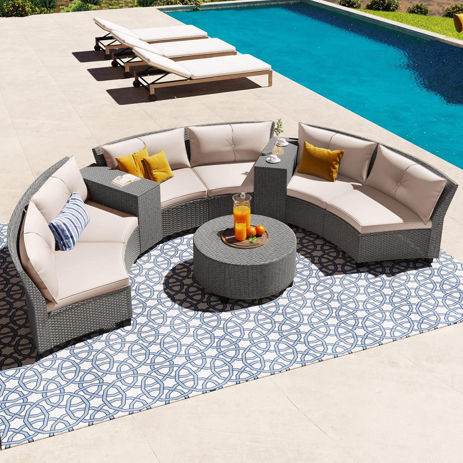 9-Piece Half-Moon Rattan Patio Conversation Set, Patio Sectional Furniture Sofa Set with Thick Cushions Outdoor Patio Furniture Set with Table for Garden, Backyard, Deck, Porch, Terrace, Gray