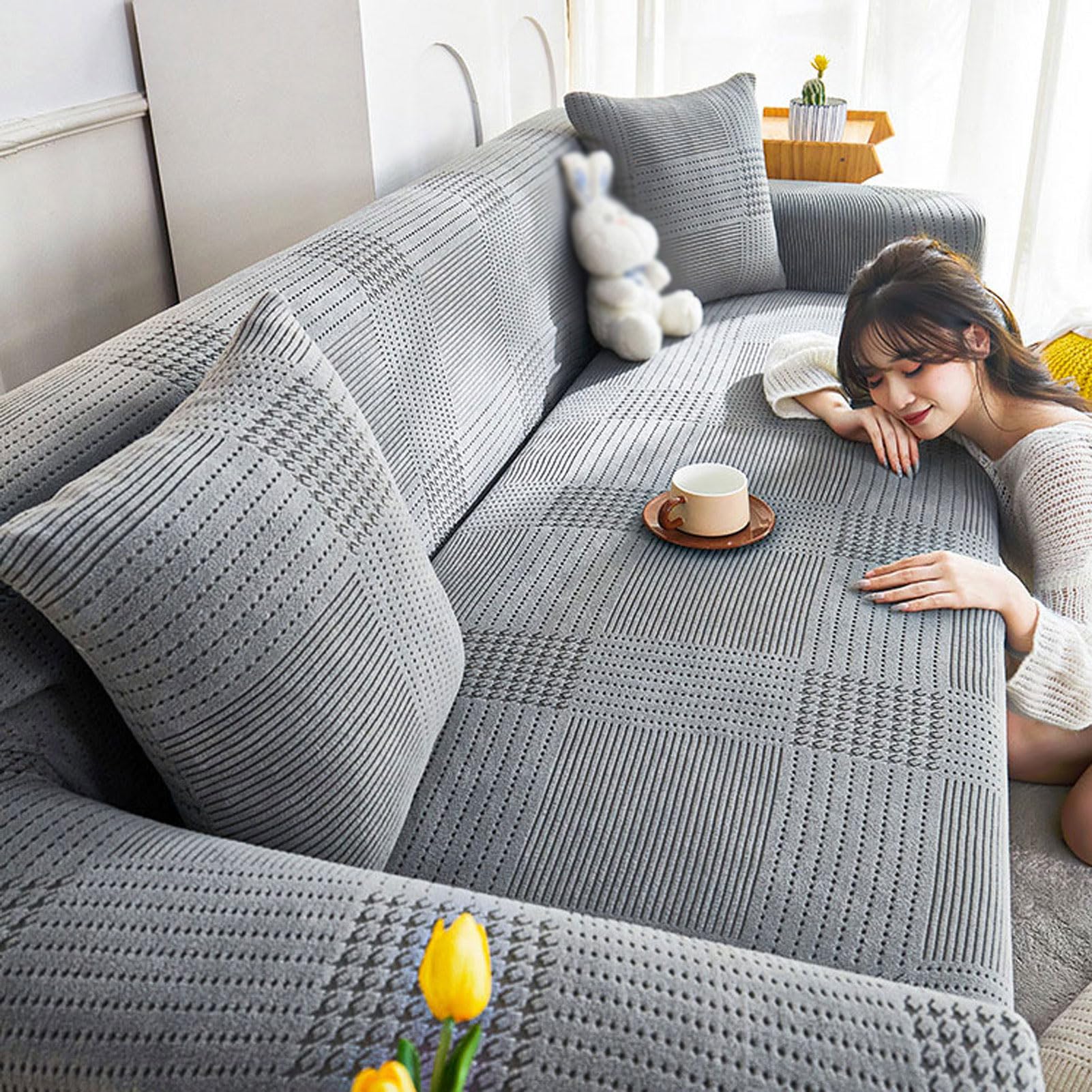 Housse de canapé extensible 5 places en velours | Couvre canapé antidérapante