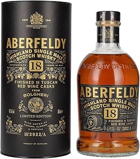 Aberfeldy 18 Year Old Highland Scotch Single Malt Whisky, Limited Edition, Finished in Tuscan Red Wine Casks with Gift Tube, 40% ABV, 70cl / 700ml