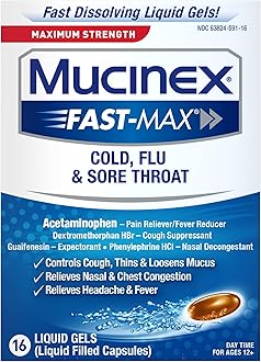 Fast-Max Maximum Strength Cold, Flu & Sore Throat, Multi-Symptom Relief, Pain Reliever, Fever Reducer, Cough Suppressant, Expectorant, Nasal Decongestant, 16 Liquid Gels
