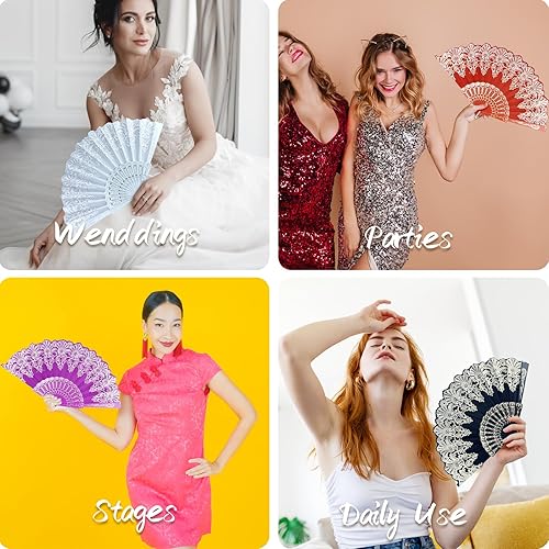 Miniatura 5 de Abanico plegable español, 5 abanicos de mano tradicionales retro con encaje rosa floral elegante ventilador de mano para bodas, bailes, fiestas de