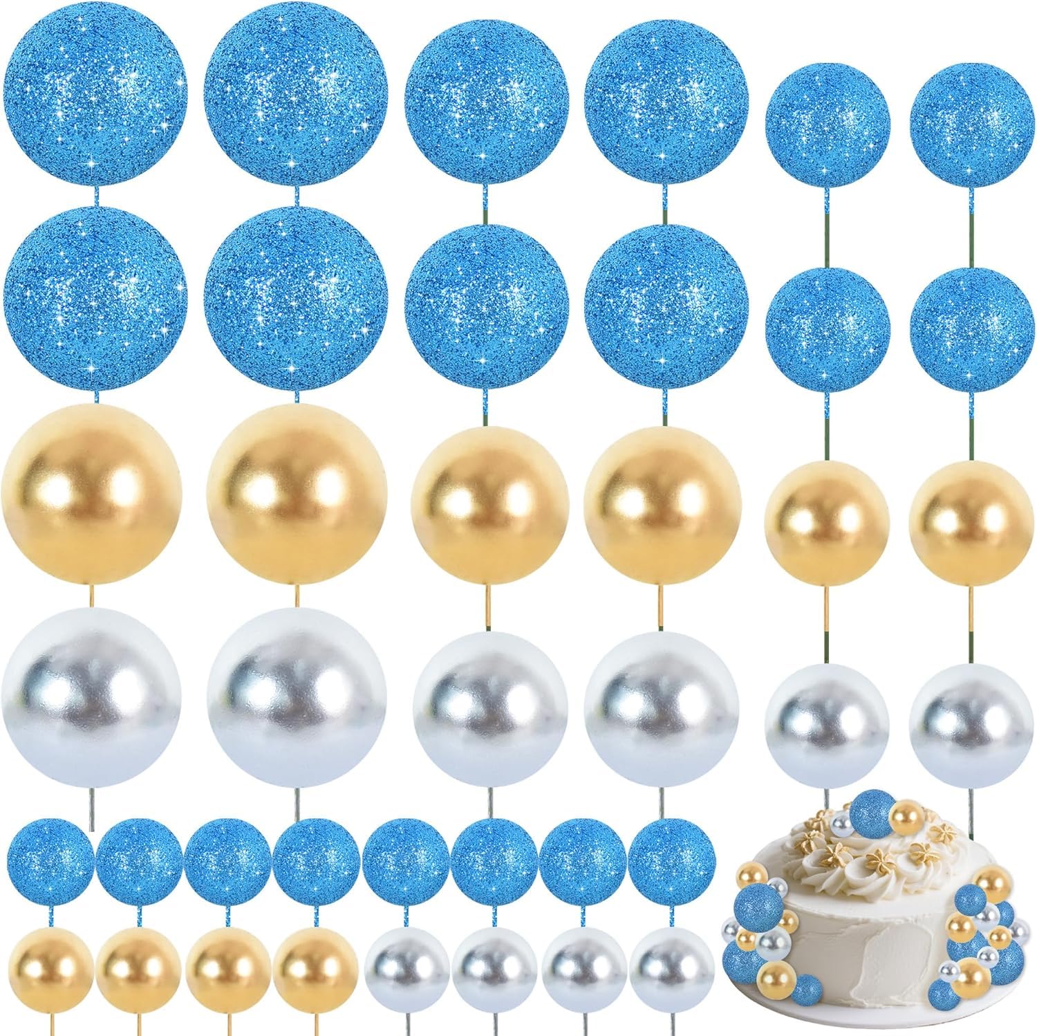 RIBBOOO 40 Pcs Ball Cake Toppers Cake Decorations Foam Balls Cake Toppers DIY Cake Ornament for Christmas Birthday Baking Baby Shower Graduation Anniversary and Wedding Party (Blue Gold Silver) โ image 1