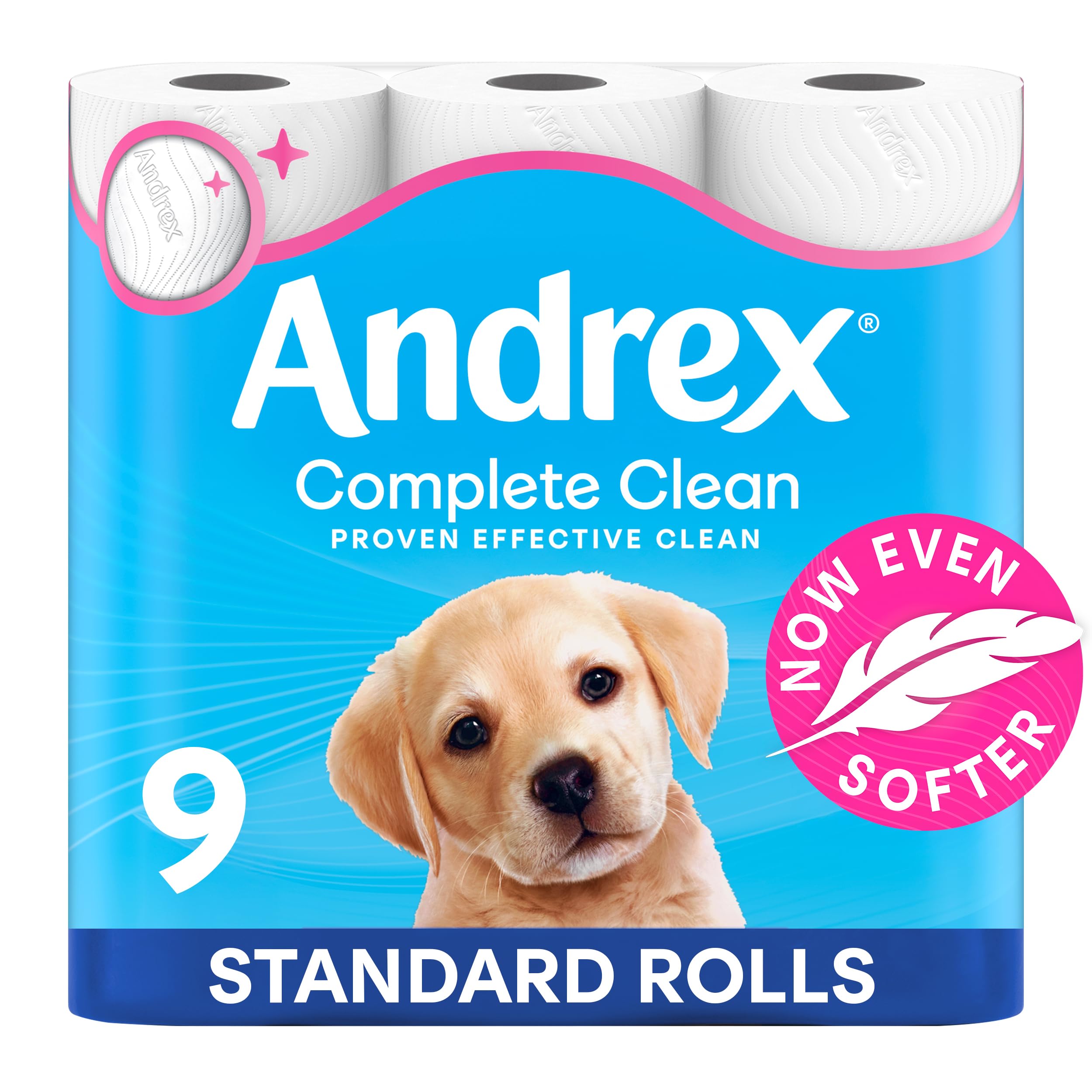Andrex Complete Clean Toilet Tissue Standard Rolls, Unique 3D Wave Texture for a Proven, Effective Clean, Loo Rolls, 9 Toilet Rolls