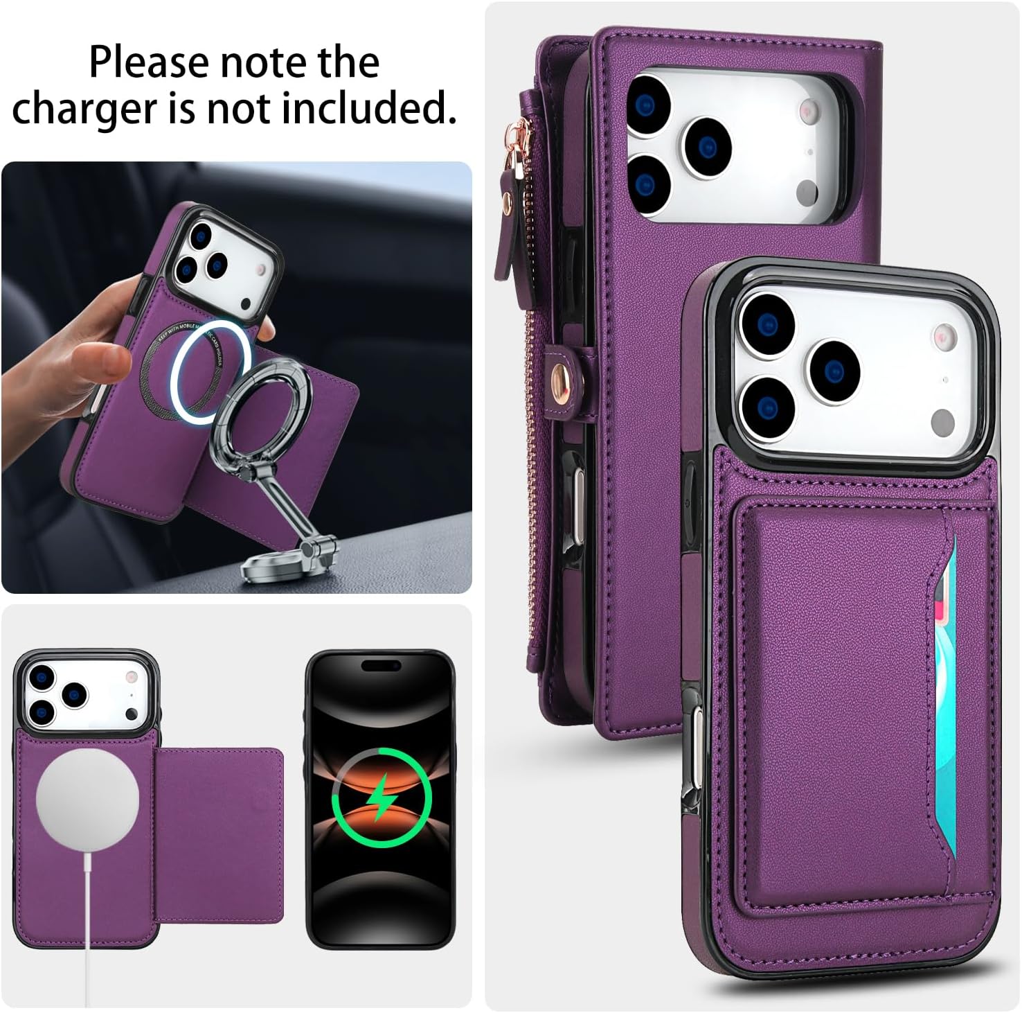 Phone Case for iPhone 17 Pro 6.3 inch 2025 Wallet Cover Compatible with Magsafe RFID Screen Protector Crossbody Lanyard Strap Flip Card Holder Slot Zipper Cell Purse i Phone17 i17 17Pro Dark Purple