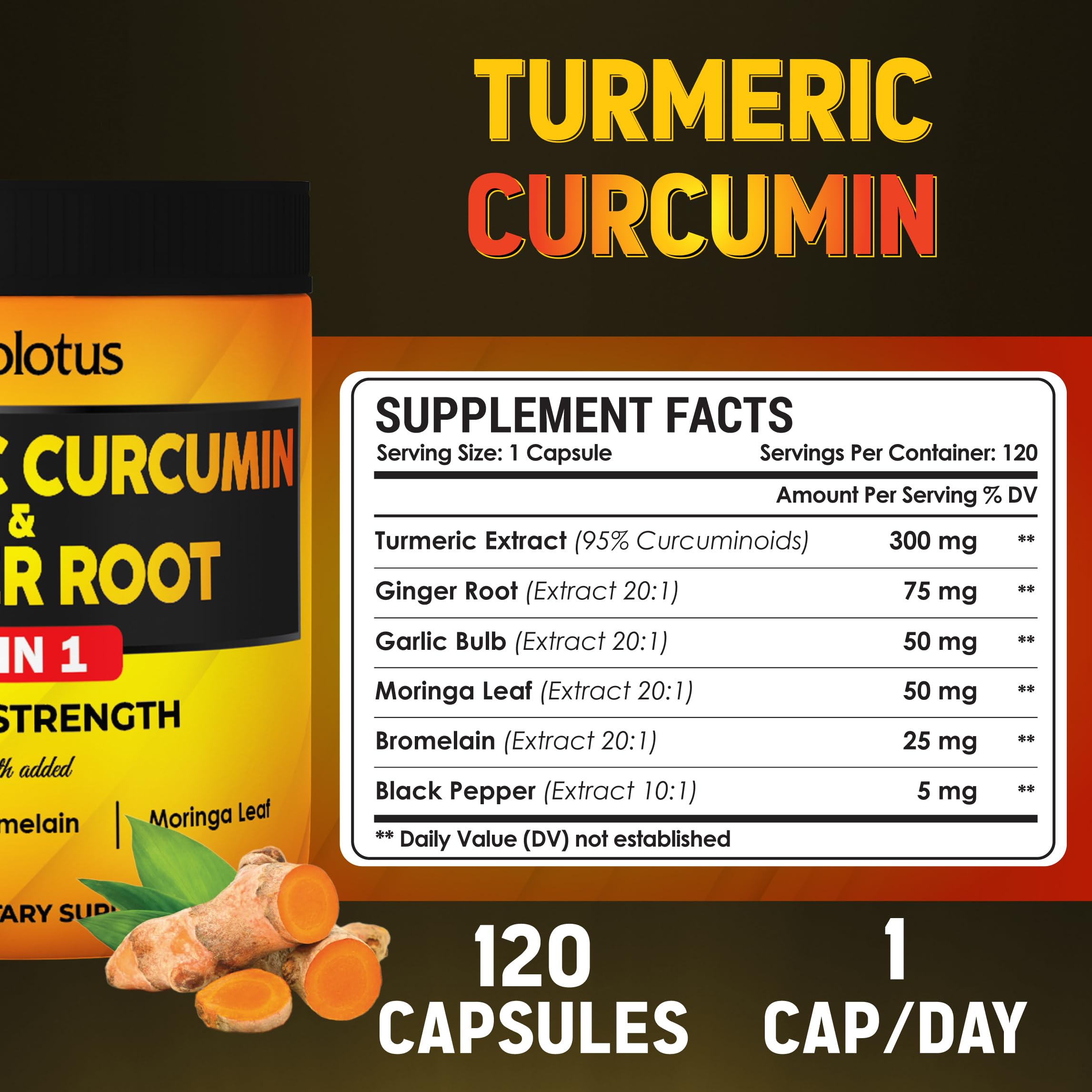 6 in 1 Turmeric Curcumin + Ginger Capsules, 95% Curcuminoids with Ginger, Garlic Bulb, Bromelain, Moringa, Black Pepper - 120 Capsules — Amazon image 2