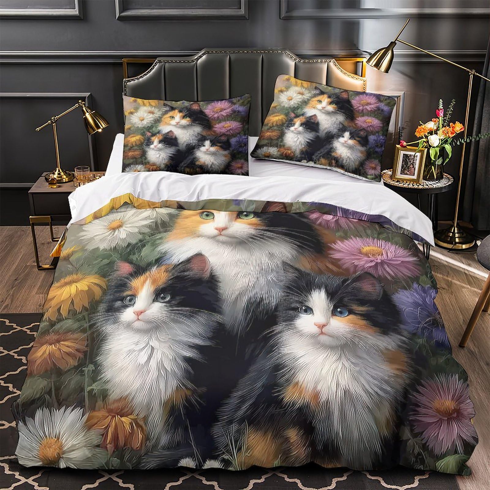 Housse de couette hypoallergénique ultra douce et résistante avec motif chats 3D pour lit double