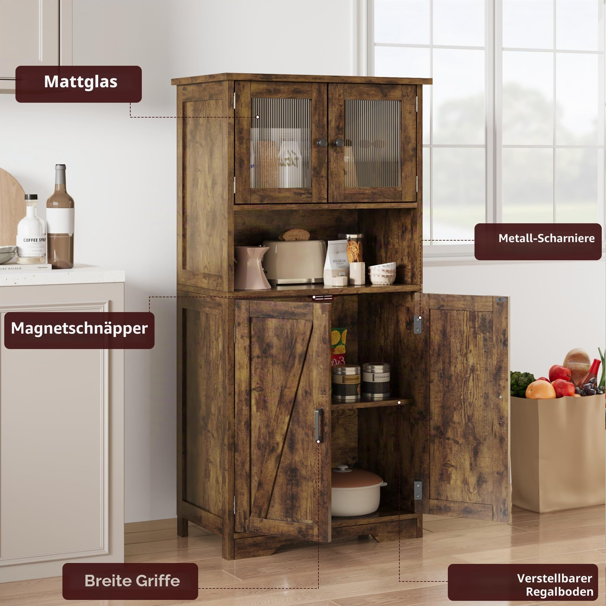 50" Hoher Badezimmerschrank, Freistehender Aufbewahrungsschrank, Mit 4 Türen Und Verstellbaren Regalen, Moderner Schrank, Für Küche, Speisekammer Oder Wohnzimmer, Vintage