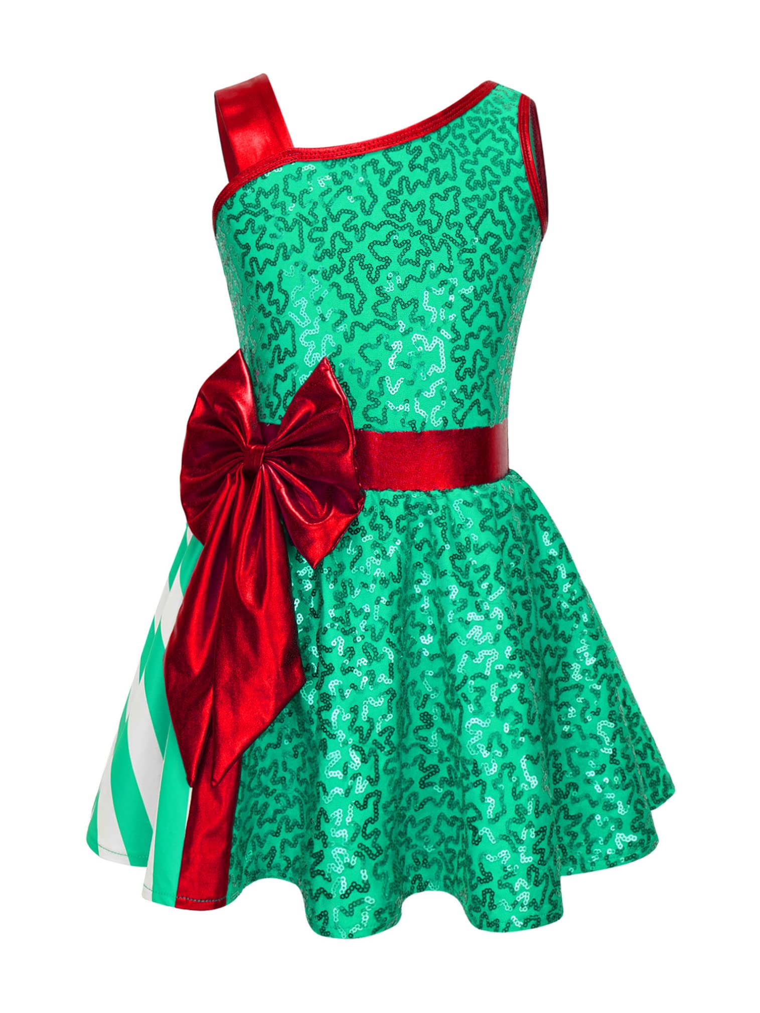 easyforever Girls Sequins Striped Tutu Dance Leotard Dress Figure Skating Dress Christmas Party Candy Cane Costume Green 8 Years