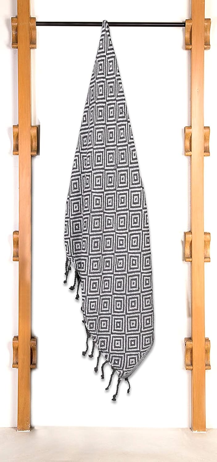 THE BEER VALLEY Cotton Throw Blankets 50x60 Inches with Fringes|Farmhouse Diamond Woven Super Soft Light Weight Throw Blanket for Chair, Couch, Picnic, Camping, & Everyday Use|Charcoal White - Image 6