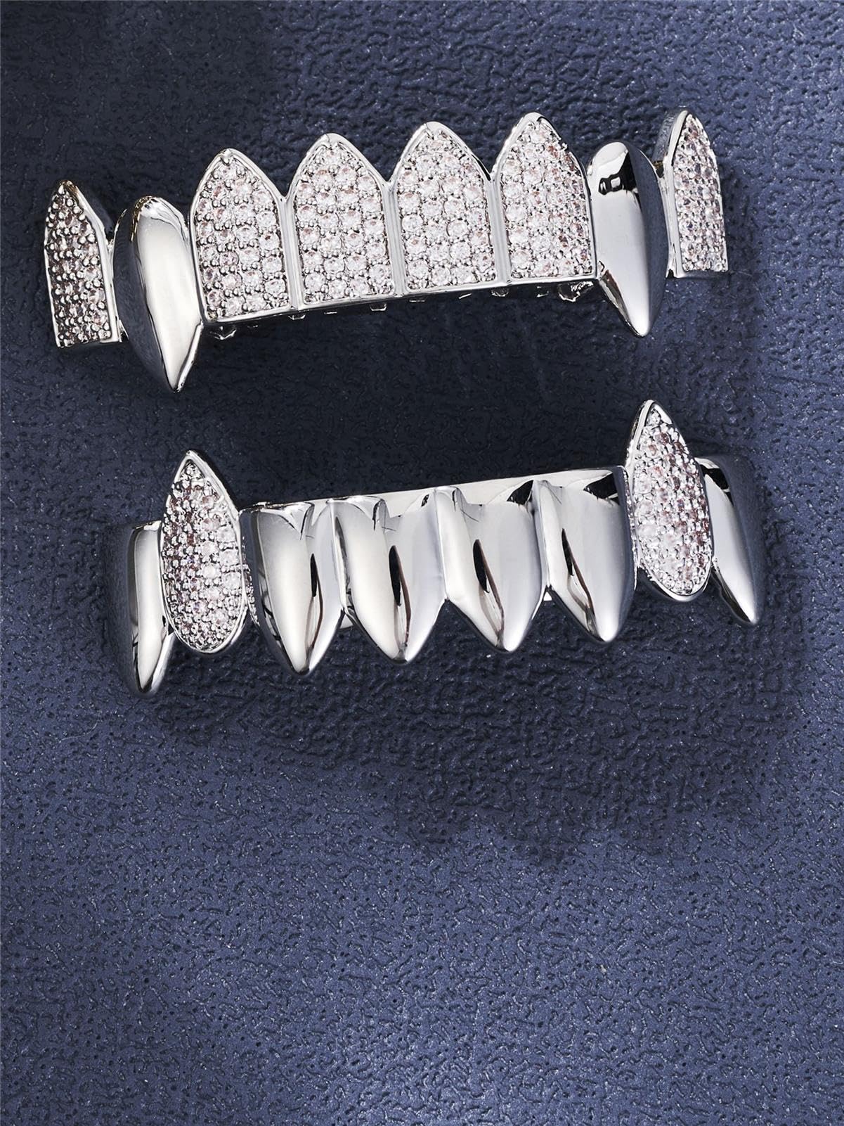 Generic Hip Hop Cosplay Braces Dientes Grillz Halloween Street Rap Fangs Zirconia Gold Plated Iced Out Vampiro Dientes con barras de moldeo extra,Plata