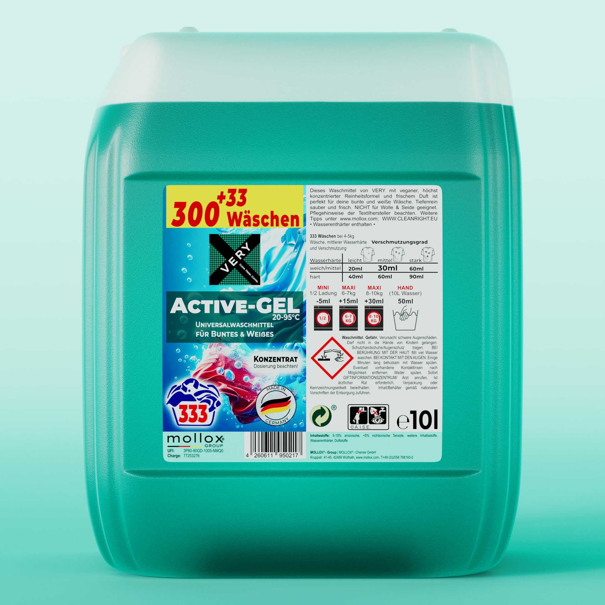 VERY® Universal Waschmittel Flüssig Gel [10L KANISTER] - Flüssigwaschmittel für Helle, & Dunkle Wäsche - Buntwaschmittel XXL mit Frischeduft - Vollwaschmittel - Universalwaschmittel (20-95°C)