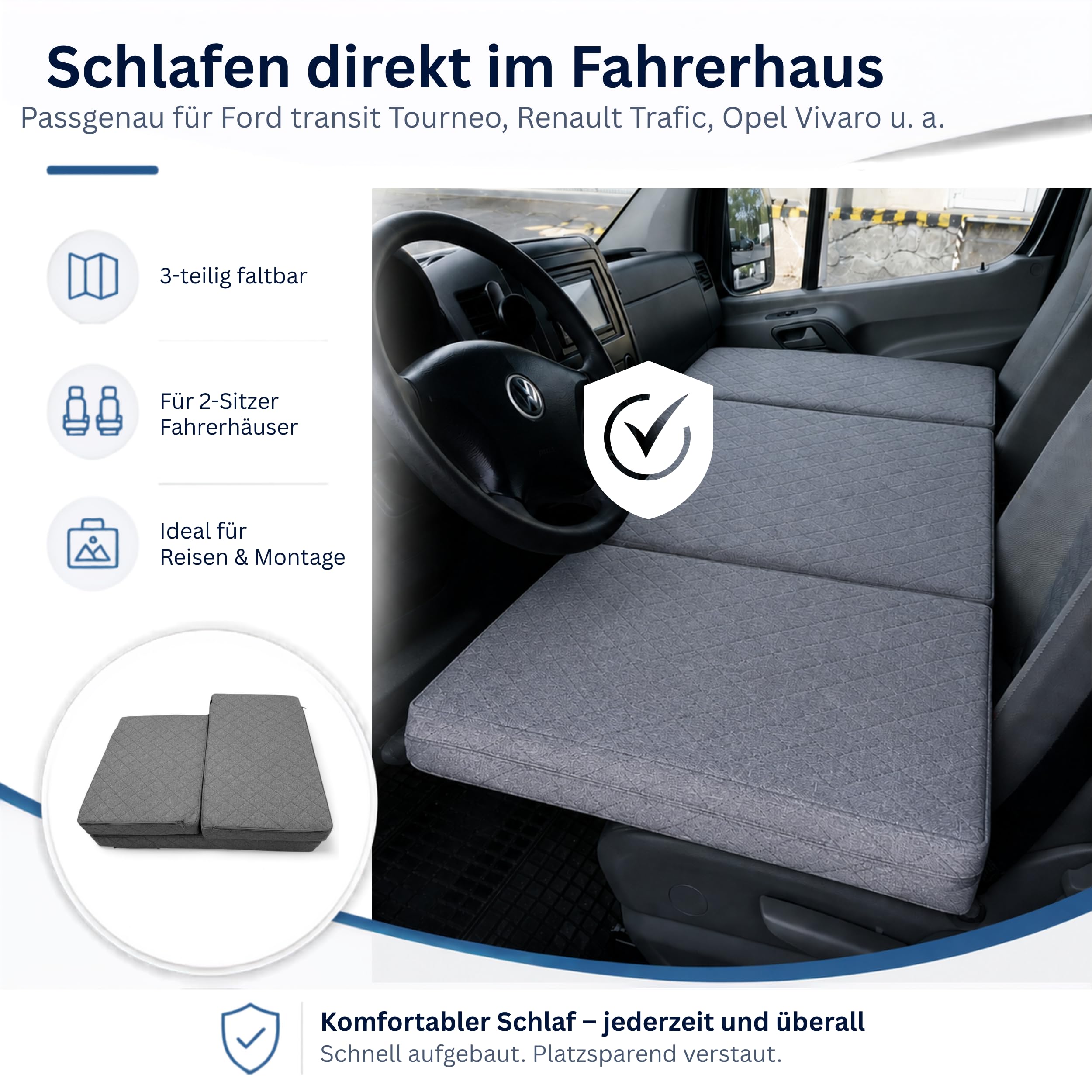 FORTISLINE Fahrerhaus-Matratze VISCO 3-teilig für Crafter, Sprinter, Ducato, Master u. a. - 8 cm Klappmatratze Busbett Campingmatratze mit Memory Foam, handgefertigt in der EU
