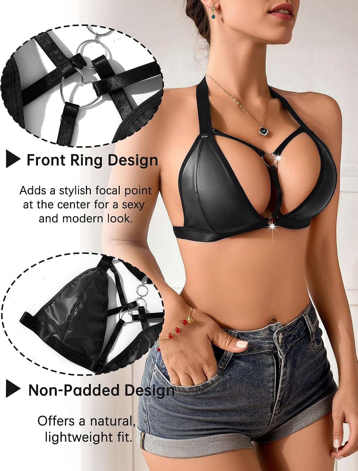 Panegy Women Faux Leather Bra Non-Wired No Padding Bra Half Cup Adjustable Strap Plunge Bralette