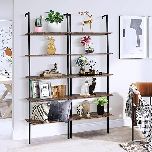 Miniatura 31 de Estantería de escalera de 5 niveles para montar en la pared, estantería de escalera con marco de metal y estante de madera, estantería