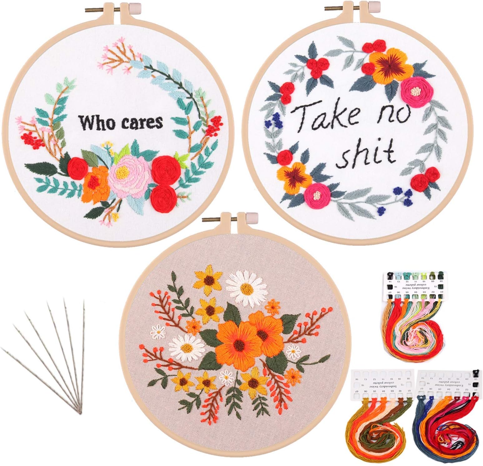 3 Sets Embroidery Starter Kit with Floral Pattern,Cross Stitch Set for Beginners, Full Range of Stamped Embroidery Kits with 3 Embroidery Pattern, 1 Embroidery Hoop and Color Threads (Flower3)