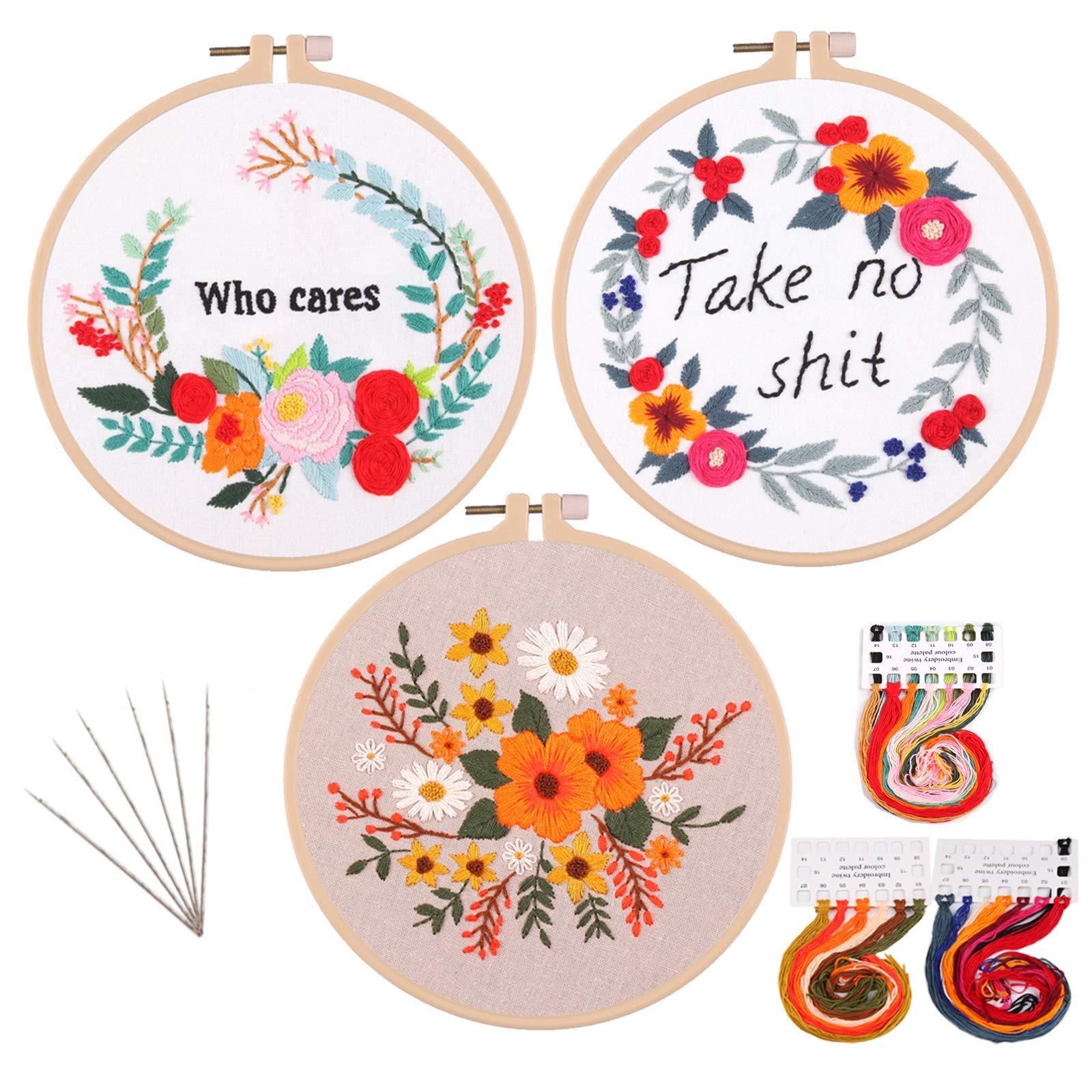 3 Sets Embroidery Starter Kit with Floral Pattern,Cross Stitch Set for Beginners, Full Range of Stamped Embroidery Kits with 3 Embroidery Pattern, 1 Embroidery Hoop and Color Threads (Flower3)