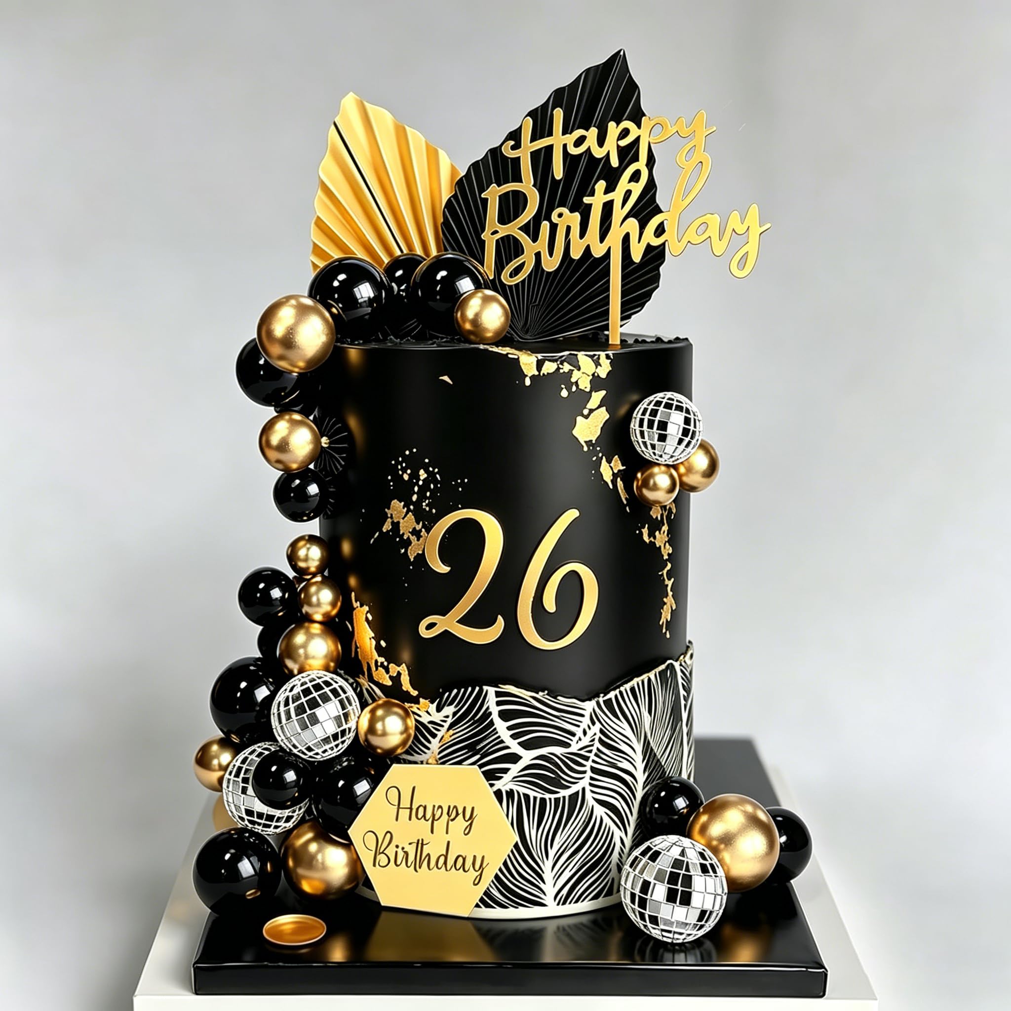 37Pcs Black Gold Cake Decorations Disco Balls Boho Cake Topper with Gold Palm Leaves Numbers 0-9 and Happy Birthday Cake Toppers for White Gold Theme Wedding Baby Shower