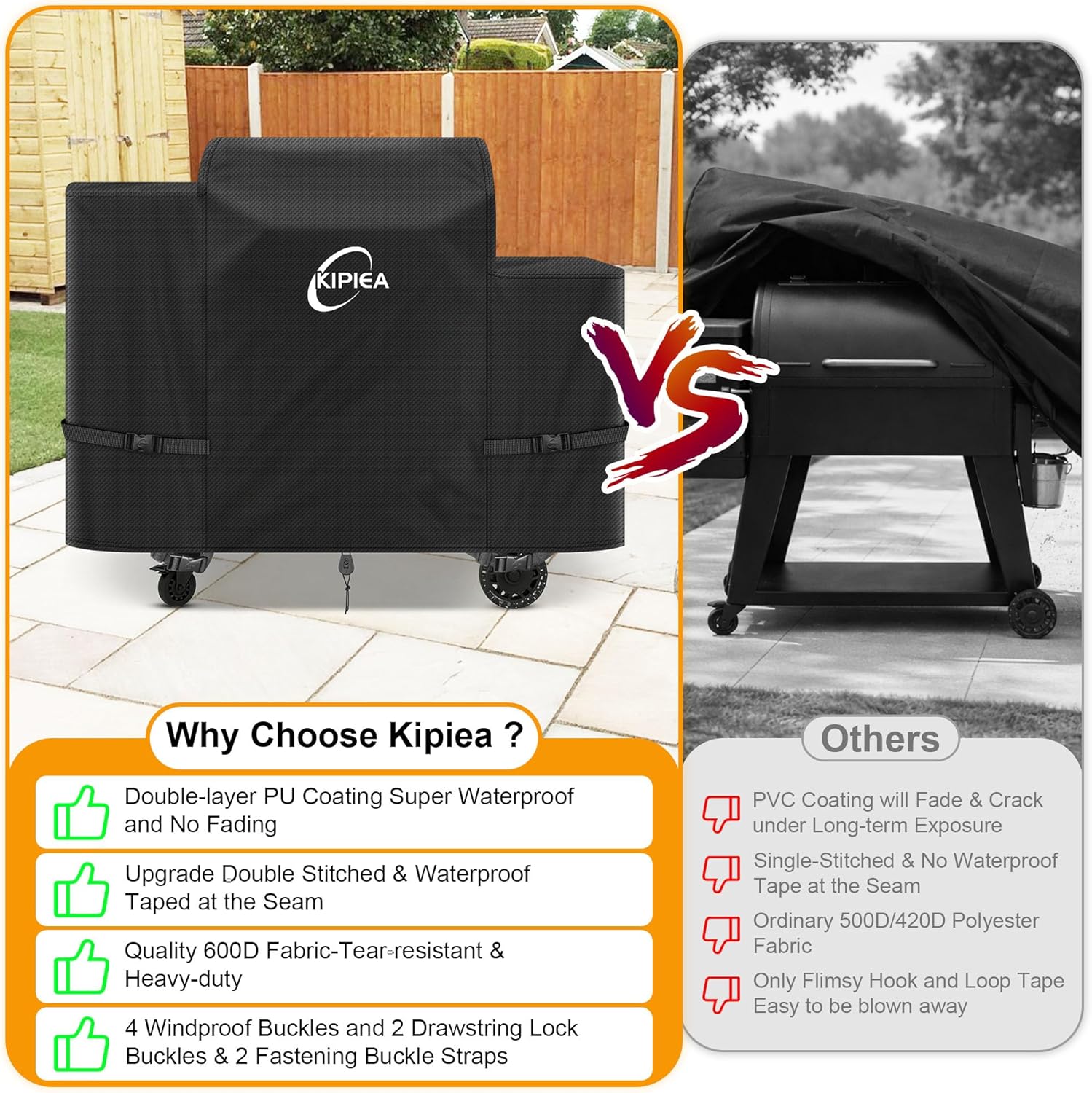 Kipiea 600D Heavy Duty Pellet Grill Cover for Pit Boss Navigator 850/1300, Waterproof Wood Pellet Smoker Cover with Windproof Buckles, UV Resistant, No Tear, No Fading