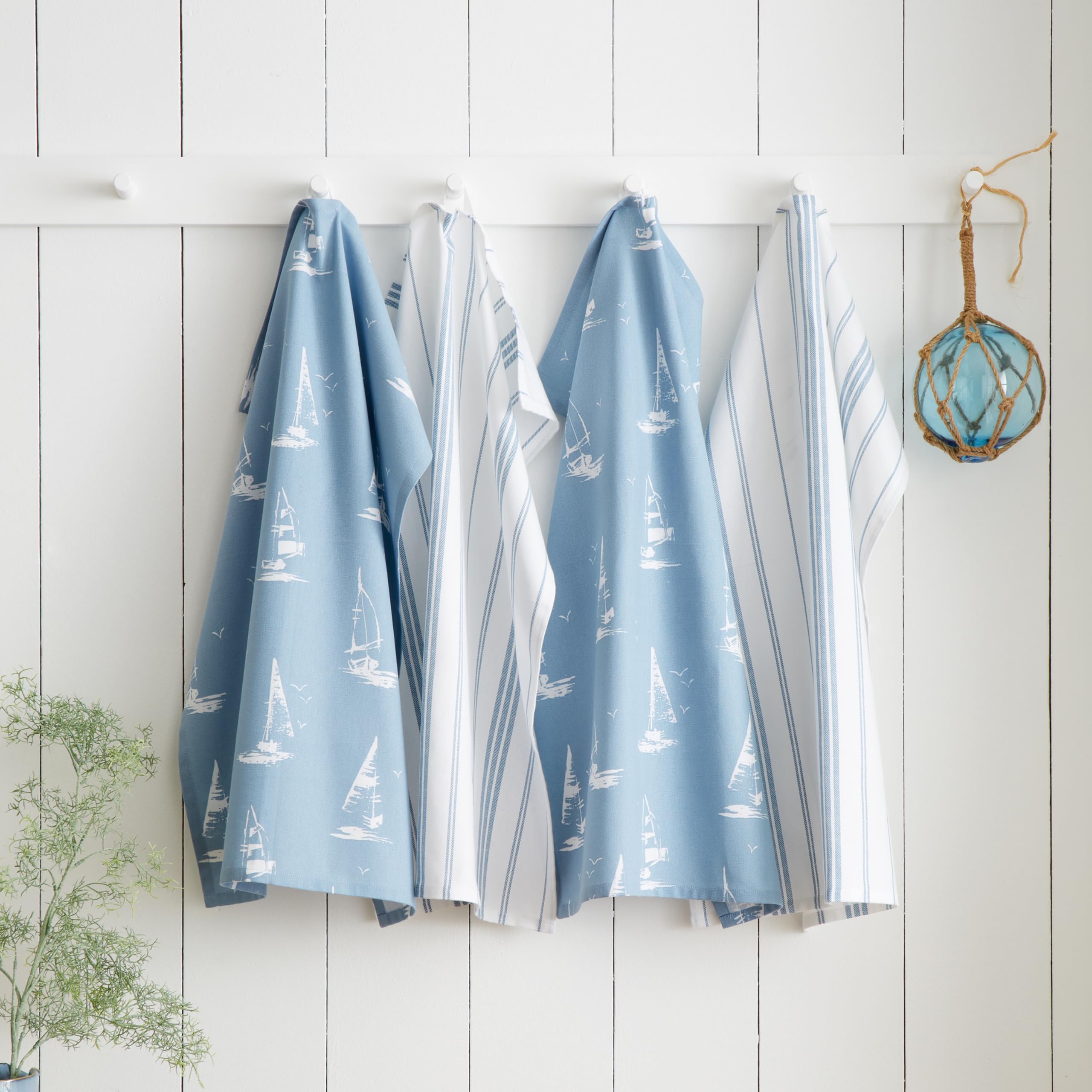 Catherine Lansfield Blue 'Salcombe Boats' Cotton Kitchen Tea Towel Pack Of 4 In
