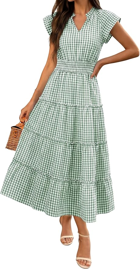 Caracilia Womens Summer Maxi Dresses Casual V Neck Cap Sleeve Gingham Striped Dress Flowy Tiered Beach Vacation Midi Sundress