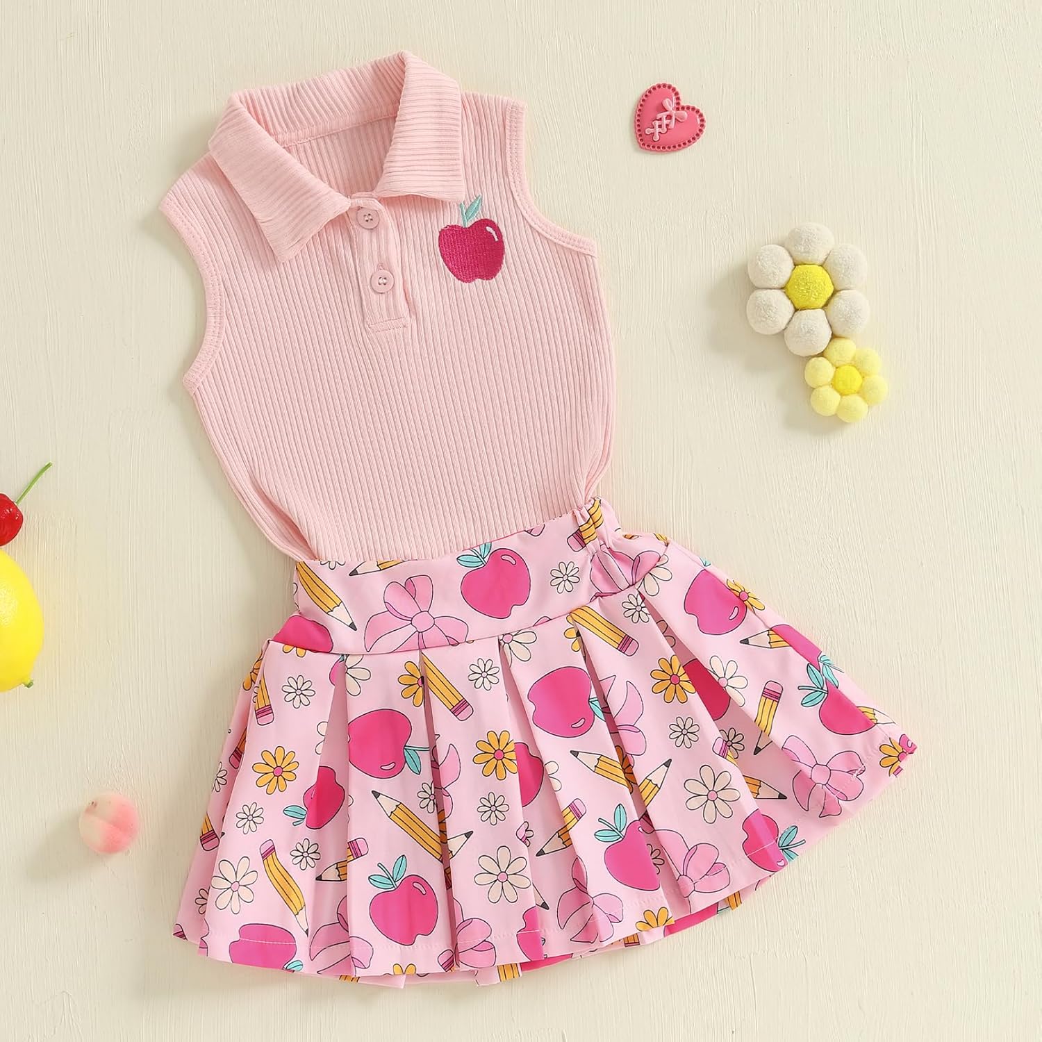 Toddler Baby girl First Day Of The School Outfit Apple Embroidery Knit Tank Top Pleated Skirts Set - Image 8