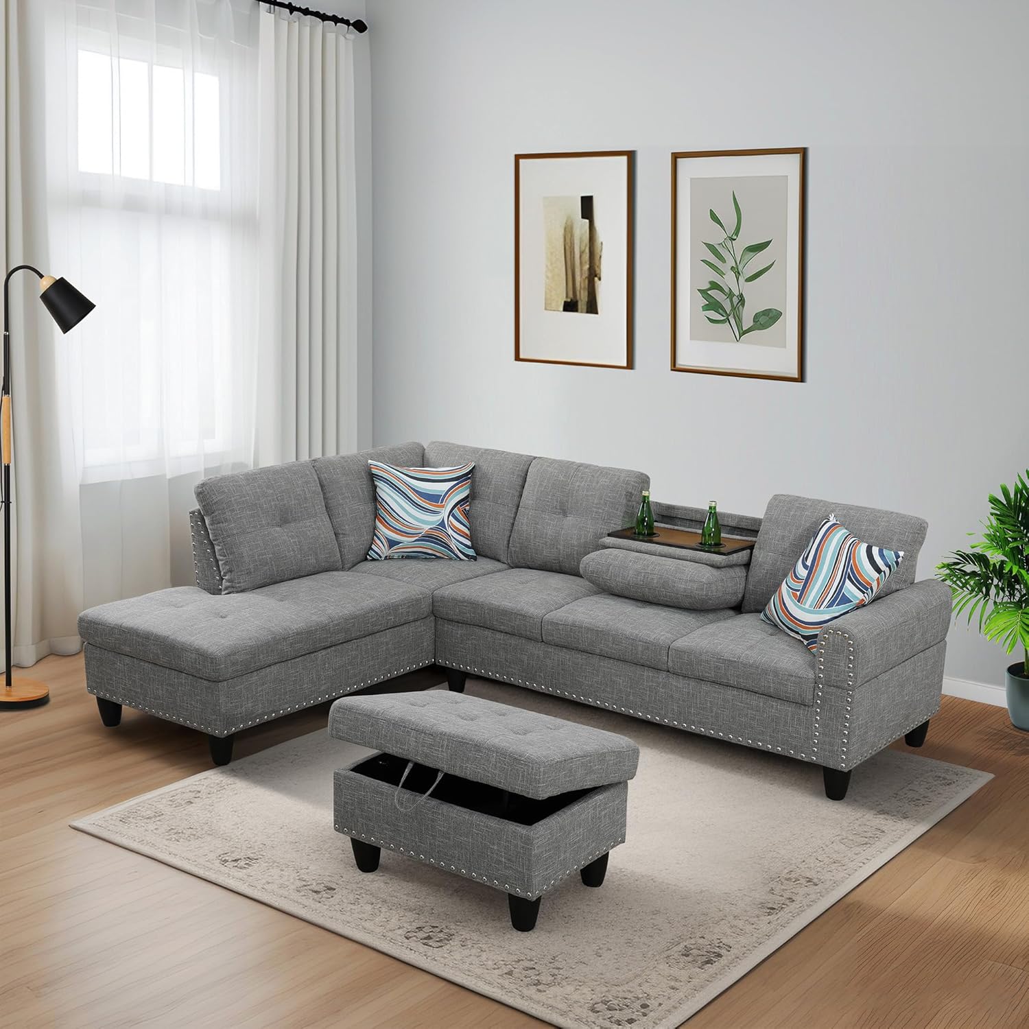 White Breathable Fabric Living Room 3-Piece Sofa Set (Pure Black-Left Soft)