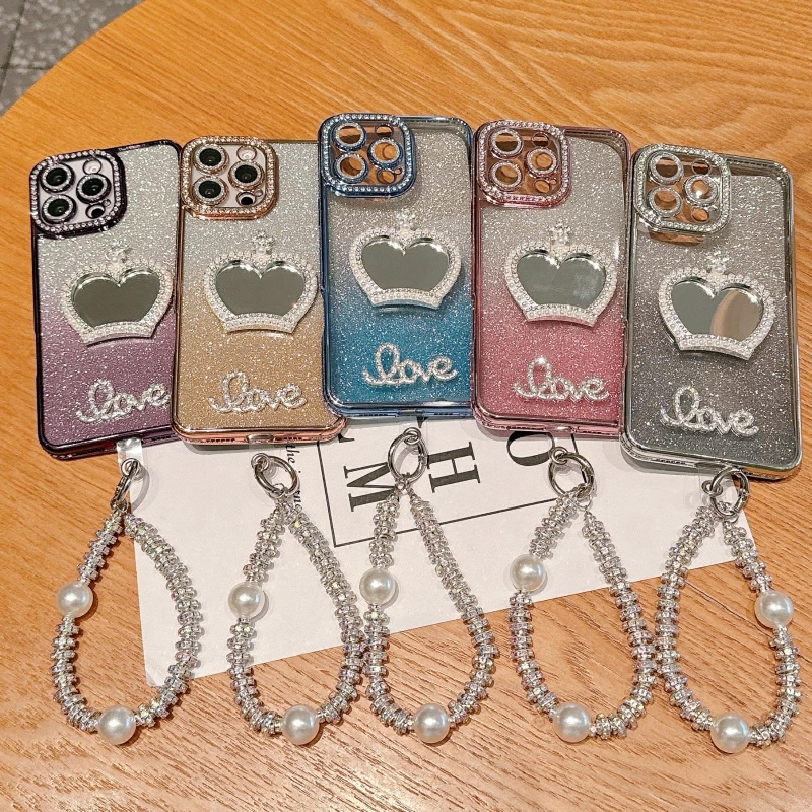 Funda con Espejo de Maquillaje y Purpurina para iPhone 15, con Pulsera chapada (para iPhone 15/Plateado GS)