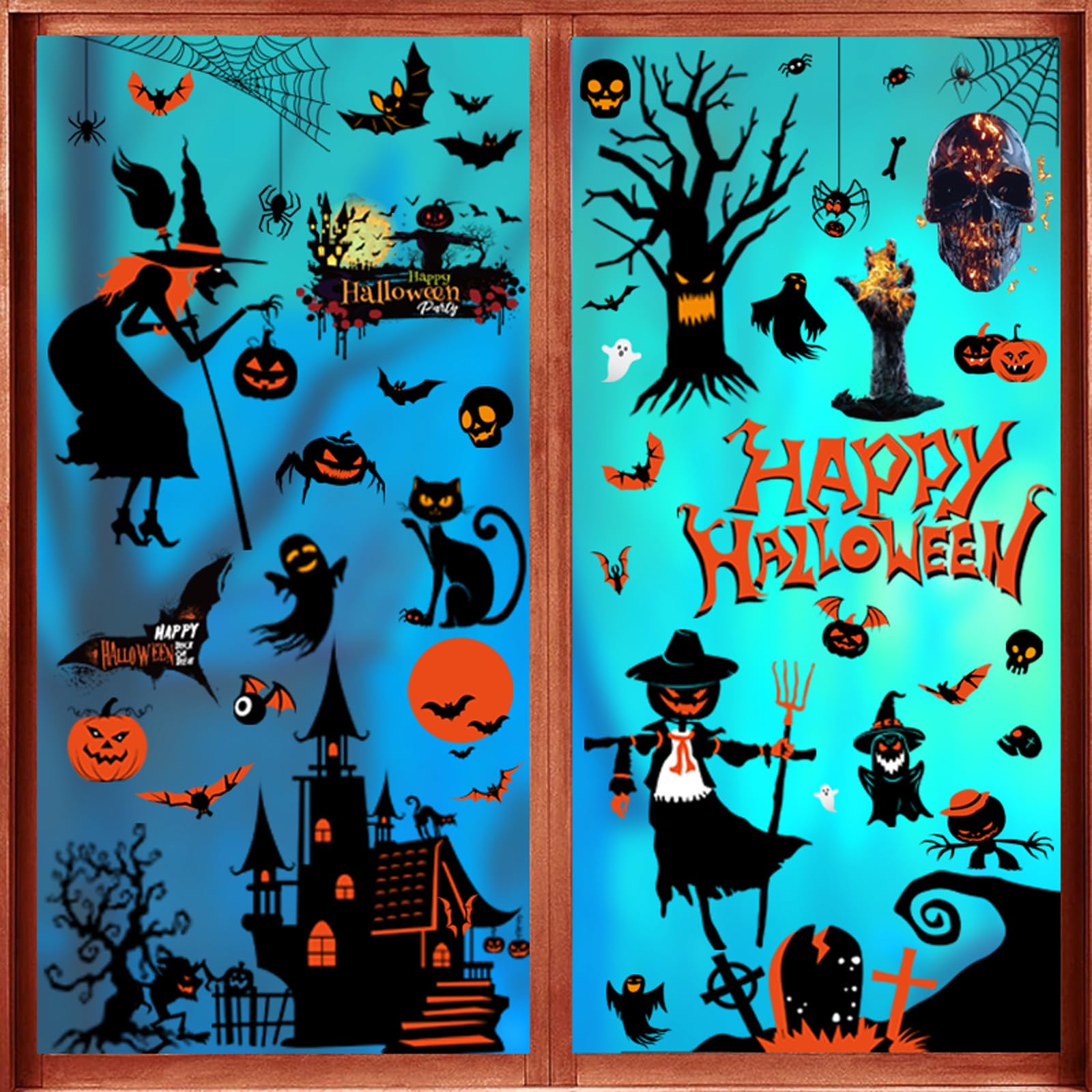 Adesivi Per Finestre Halloween - Set 9 Fogli Riutilizzabili Con Vampiri, Zucche E Streghe - Foto 3