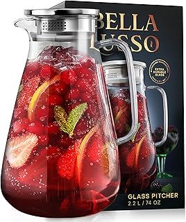 Glass Pitcher with Lid - Water Carafe 2.2L / 74oz - Iced Tea, Juice, Milk, Coffee, Lemonade - Borosilicate Boiling Glassware - Hot & Cold Beverages - 0.55 Gallon Jug, Handle & Spout - Premium Gift Box