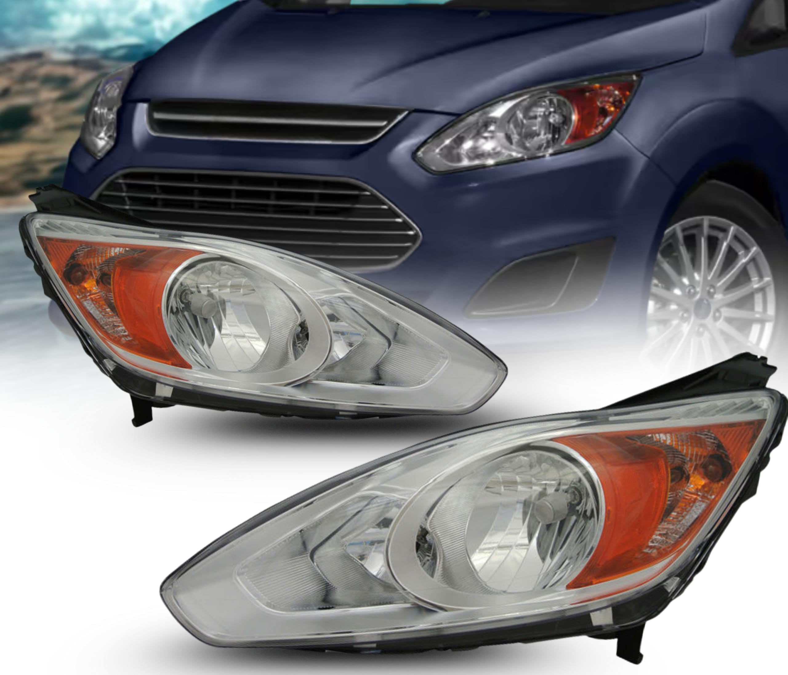 Headlamp Replacement For Ford 2013-2016 C-Max ENERG/HBRD Halogen Headlight Assembly with Bulbs Chrome Bezel Pair, Right/Left Side, FO2503314,