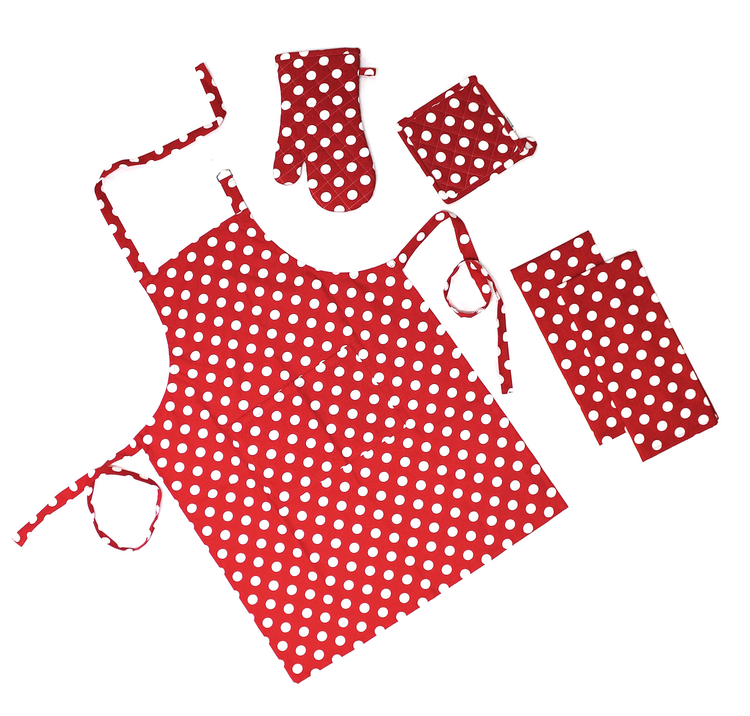 Oasis Home Collection kitchen Linen Set (Apron, Glove, Pot Holder and Towels) - Red Polka - Pack of 5