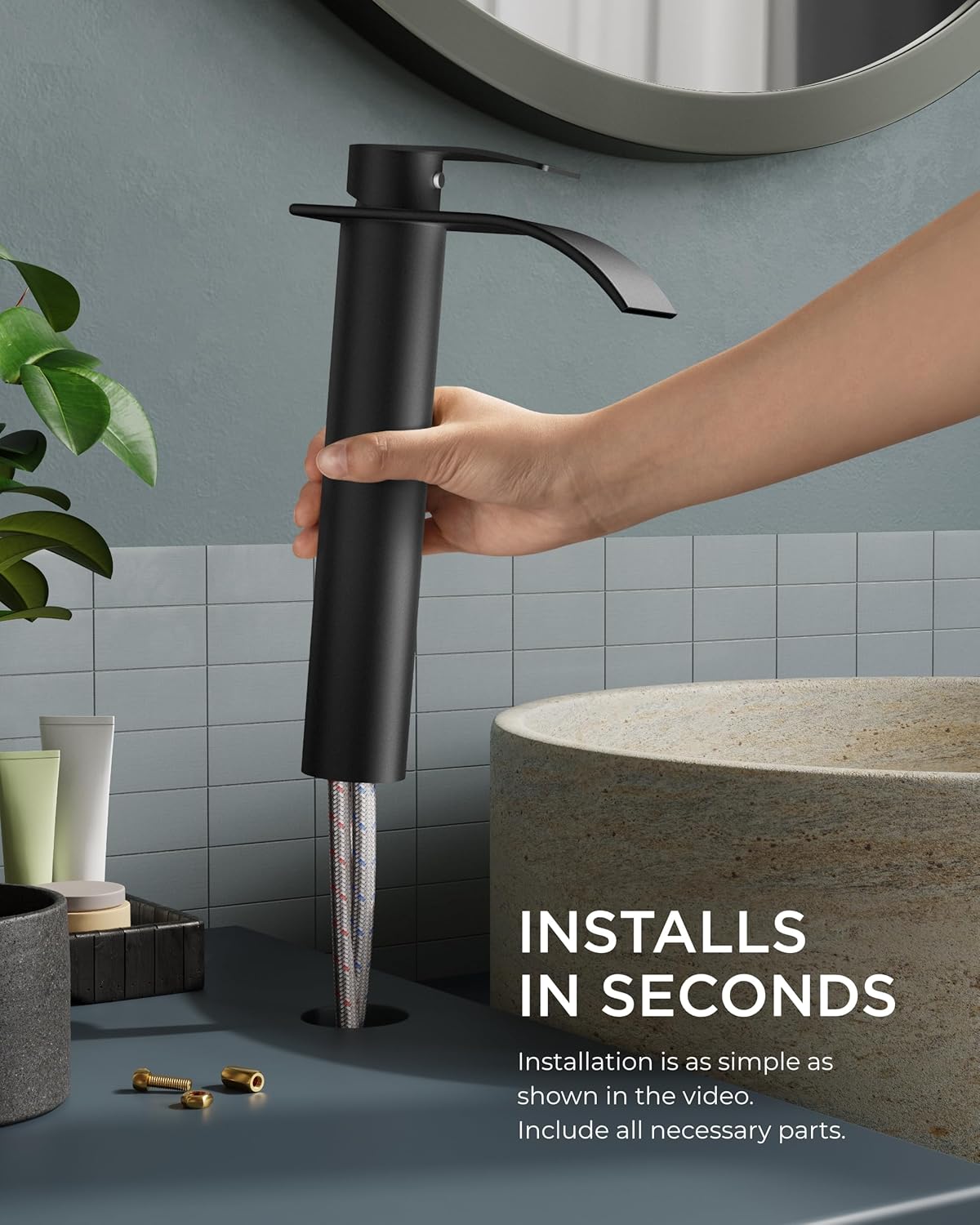 FORIOUS Waterfall Bathroom Vessel Sink Faucets with Metal Pop up Drain and Lead-Free cUPC Hose, Mate Black Single Handle Tall Bathroom Faucet 1 Hole, 11inch for Bath,Vessel - Image 5