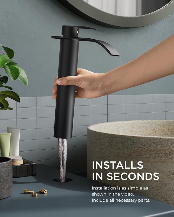 FORIOUS Waterfall Bathroom Vessel Sink Faucets with Pop up Drain and Lead-Free cUPC Hose, Mate Black Single Handle Tall Bathroom Faucet 1 Hole, 11inch for Bath,Vessel by FORIOUS - Image 5