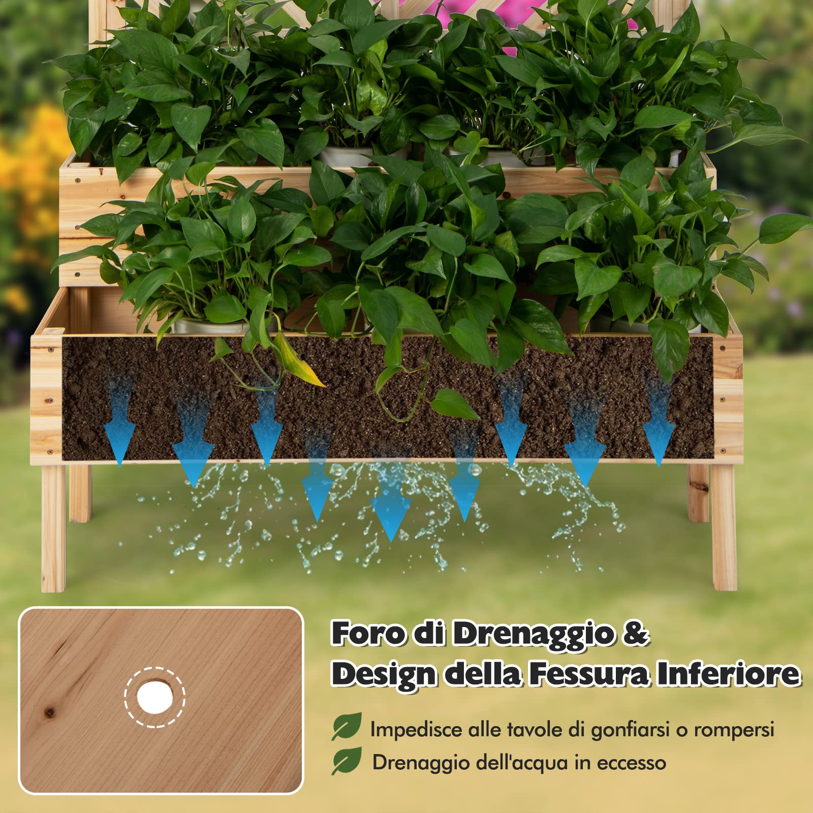 COSTWAY Fioriera da Giardino a 2 Livelli con Traliccio, Letto Rialzatto con Gambe in Legno, Foro di Drenaggio, Fioriera da Interno ed Esterno per Frutta, Verdura, Fiori ed Erbe Rampicanti (Legno)