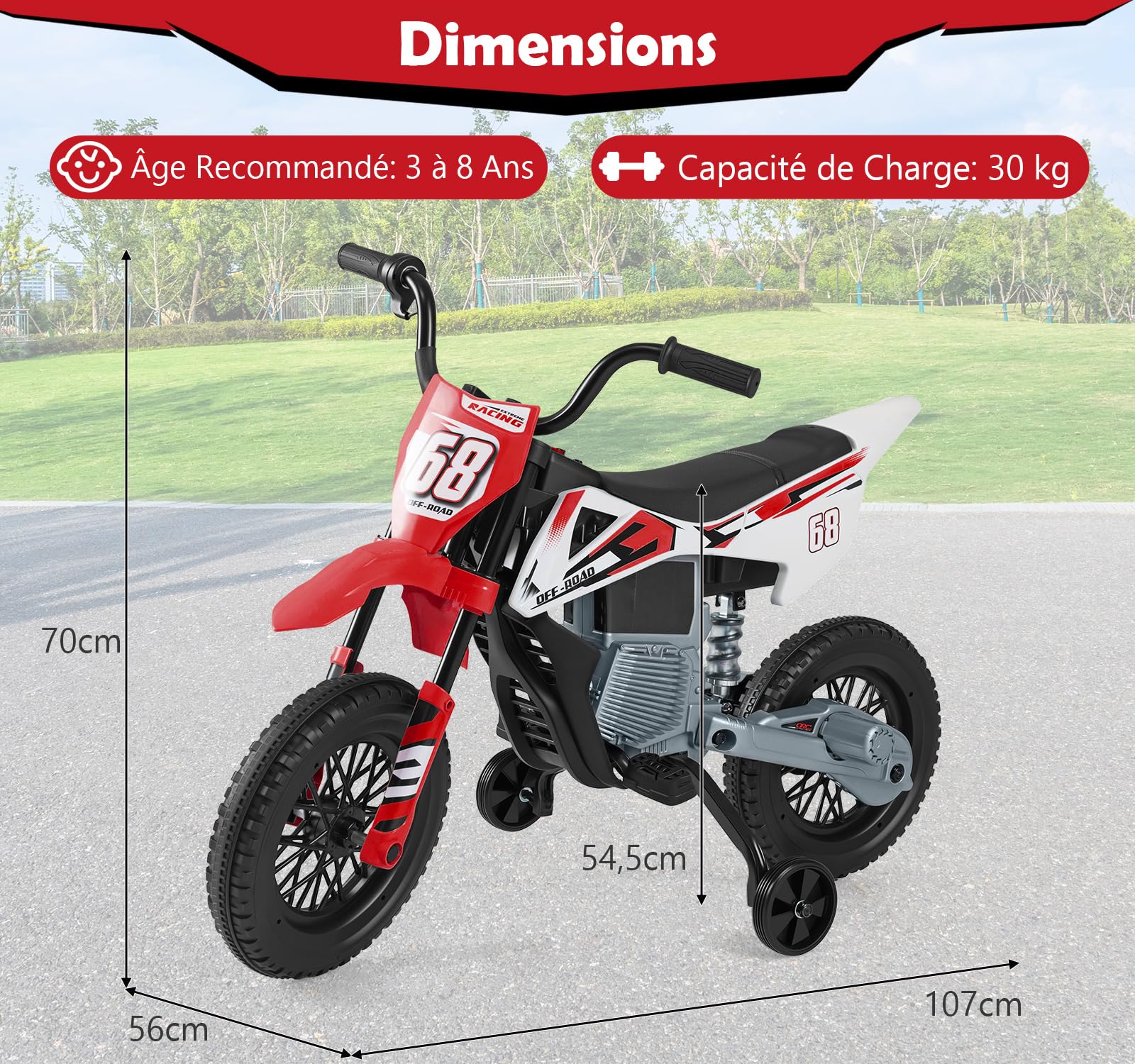 GOPLUS Moto Électrique Enfants 12 V avec Batterie,2 Roues Amovibles, Voiture Electrique Enfant avec Musique sans Fils, Amortissement, Charge 30 kg, 3-5 km/h, pour Enfants de 3-8 Ans (Rouge)