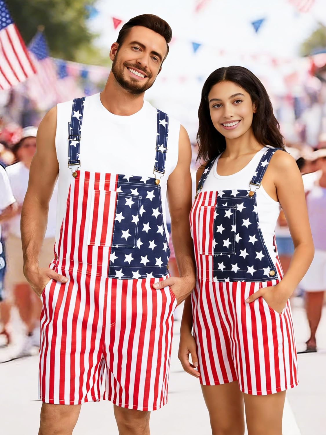Ultrafun Mens American Flag Overalls, USA Cape, Sweatband & Wristbands, 4Pcs 4th of July Outfits for Independence Labor Day