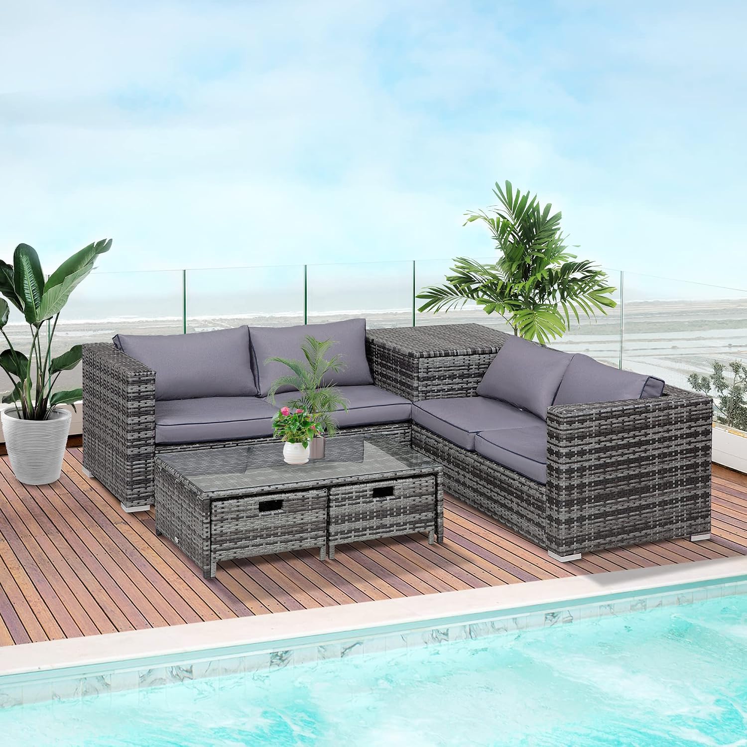 Outsunny 4 Pieces Rattan Garden Furniture Set, 4 Seater Corner Sofa Set with Storage Box, 2 Drawers Coffee Table, Loveseats with Cushions, Wicker Garden Conservatory Furniture... - Image 2