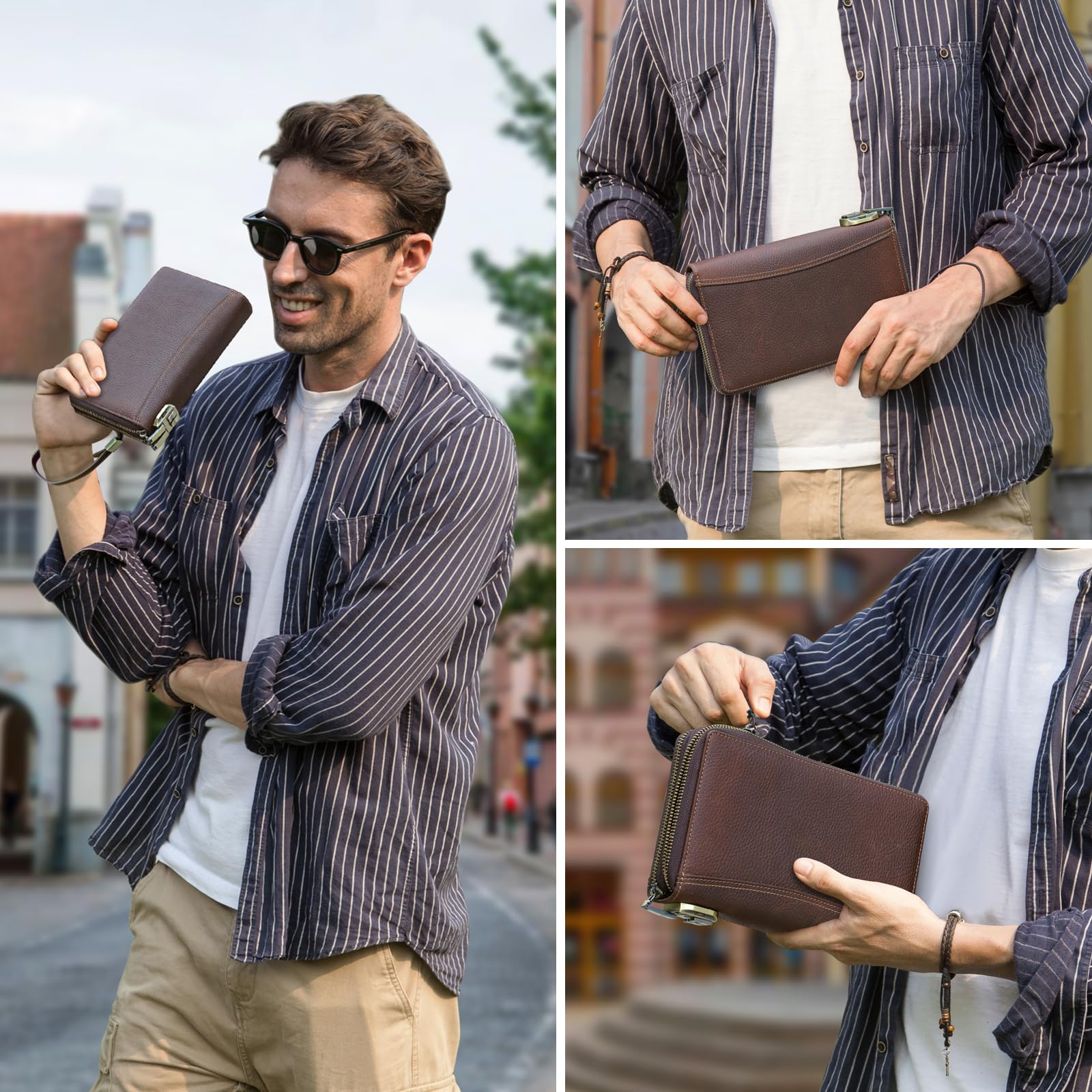Carta de viaje para hombre de piel auténtica con correa de mano, bloqueo RFID para pasaporte, gran capacidad, bolso de mano para teléfono móvil