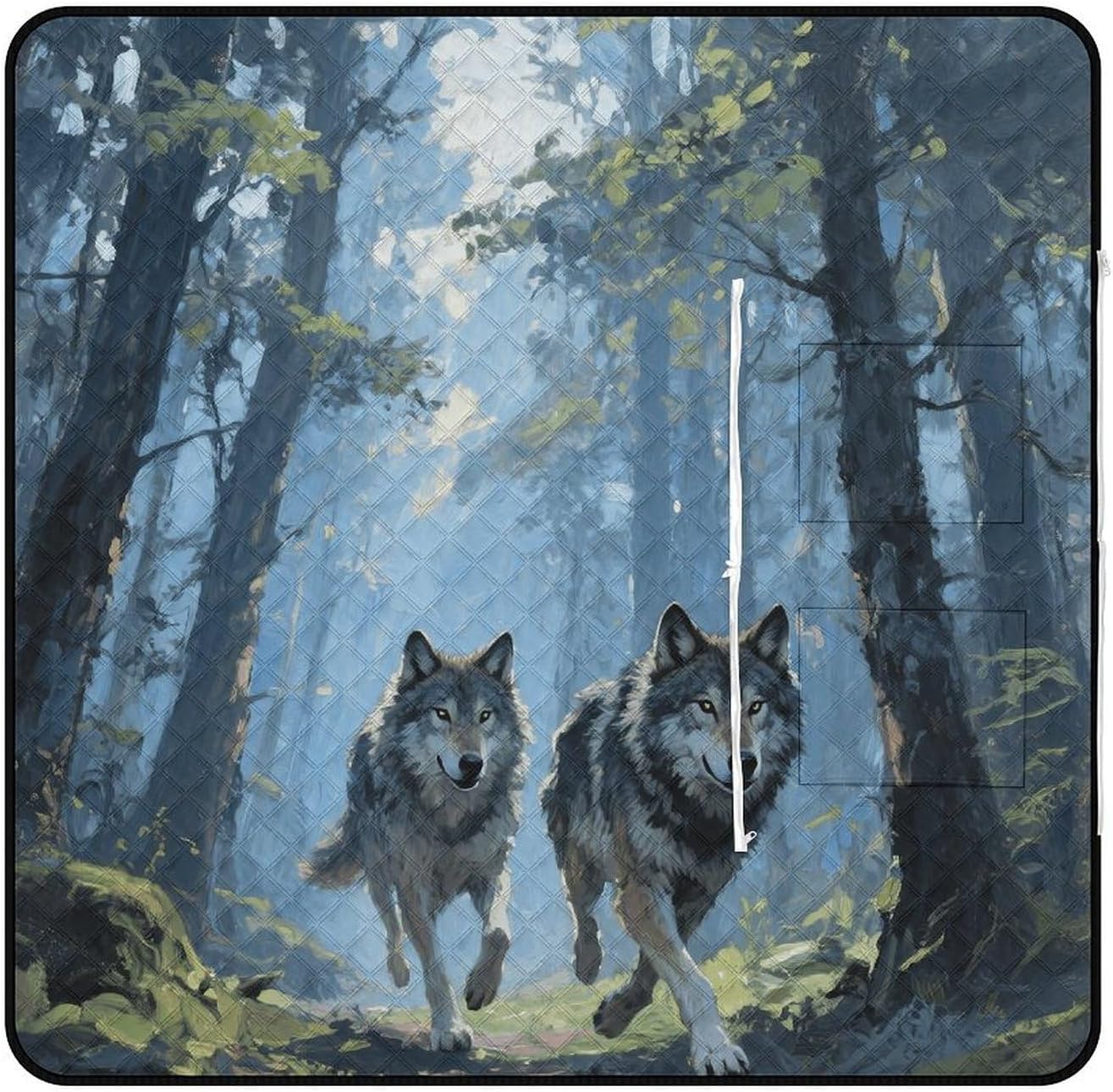 Wolf Forest Picnic Blanket 150x150cm, Foldable 2-in-1 Picnic Mat and Tote Bag Portable Waterproof Beach Mat Sandproof Outdoor Blanket for Park, Hiking, Beach, Camping, Travel