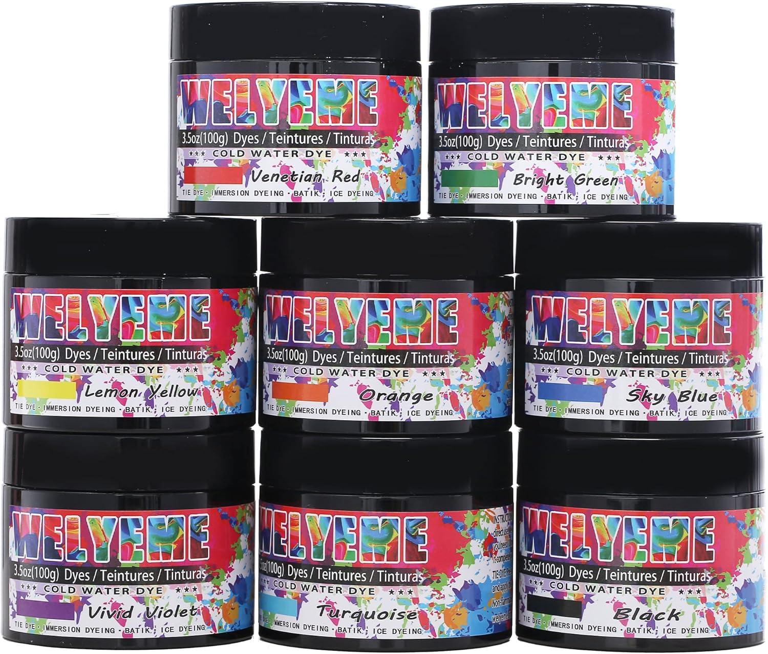Cold Water Dye Powder, 8-Color Assortment, 7/2-oz. Bulk Jars, for Tie-Dye, Batik, Ice Dyeing