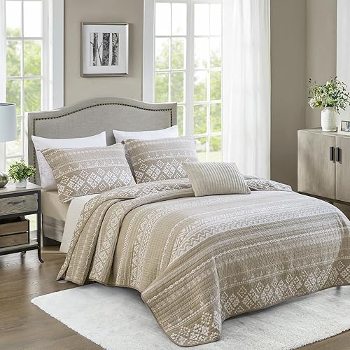 Miniatura 2 de SahSahCasa Juego de edredón tamaño King, 100% algodón, bohemio, juego de ropa de cama, colcha reversible bohemia a rayas ligeras para todas las