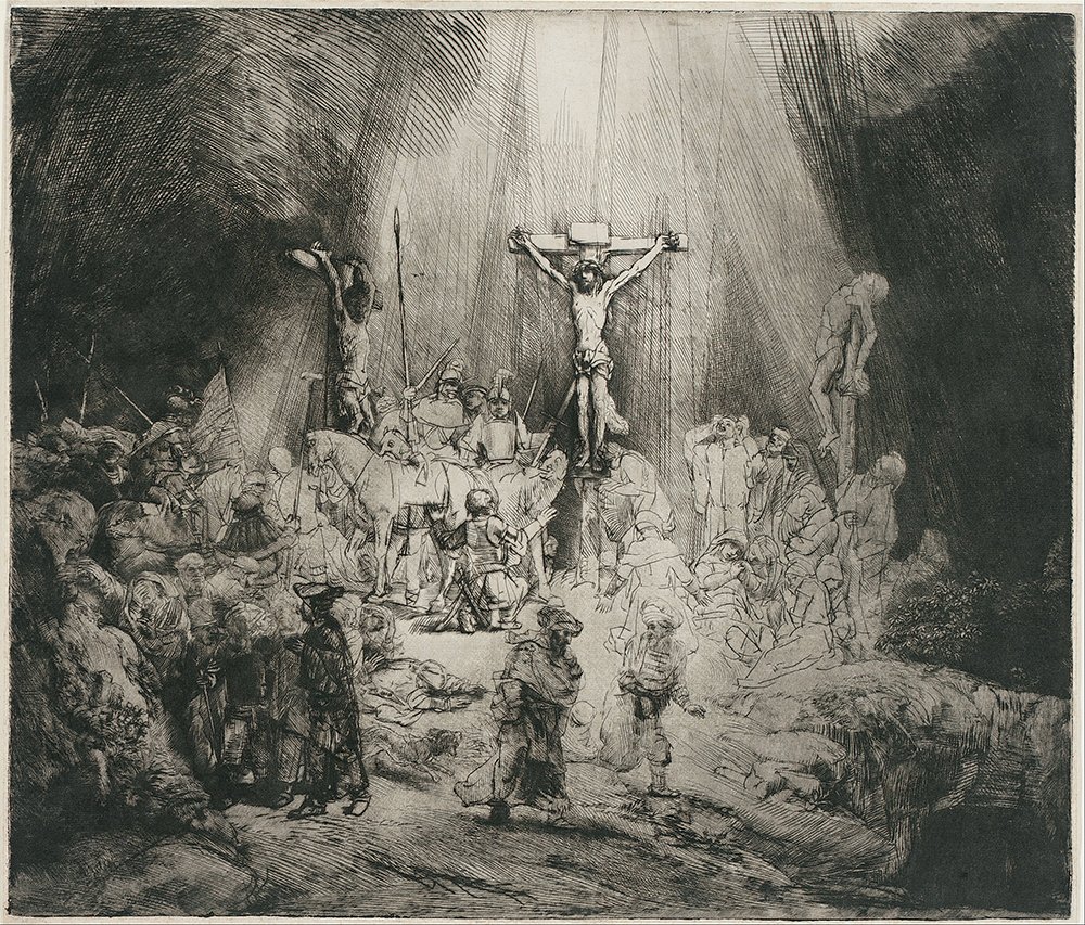 Cuadro decorativo Las tres cruces de Rembrandt mediano con marco mate marrón
