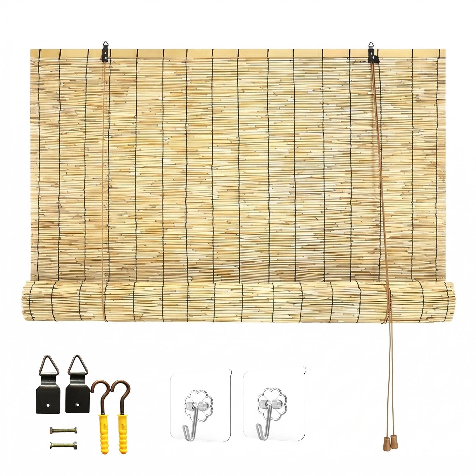 Store Bambou Vénitien pour Fenetre, Rideau en Roseau Anti-UV, 60 80 90 100 120cm Occultant Naturel Réglable pour Salon Ou Cuisine, Store Enrouleur Classique(W125 x H215 cm)