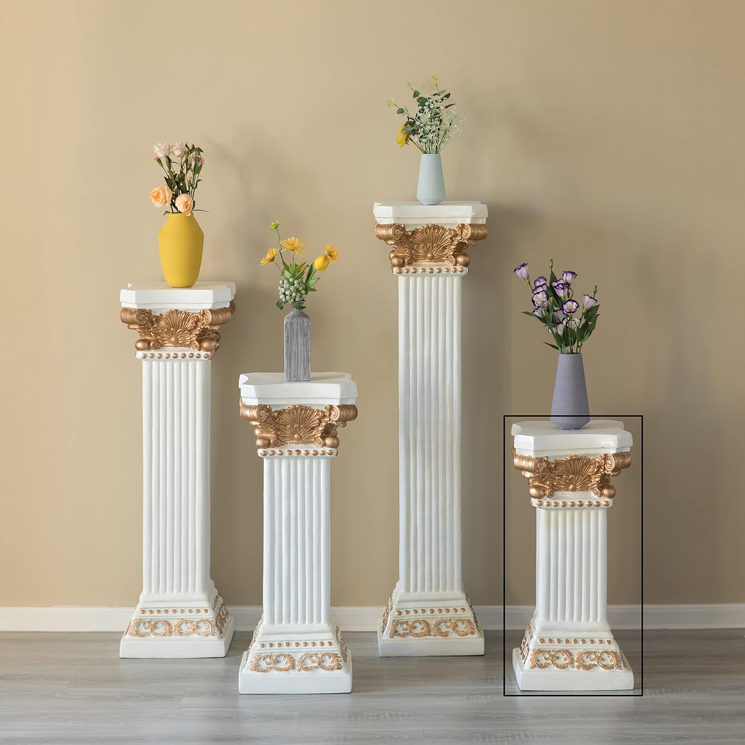 Decorative Modern Fiberglass White and Gold Plinth Roman Style Column Ionic Pedestal Vase Stand for Wedding, Living Room, or Dining Room, 27 inch