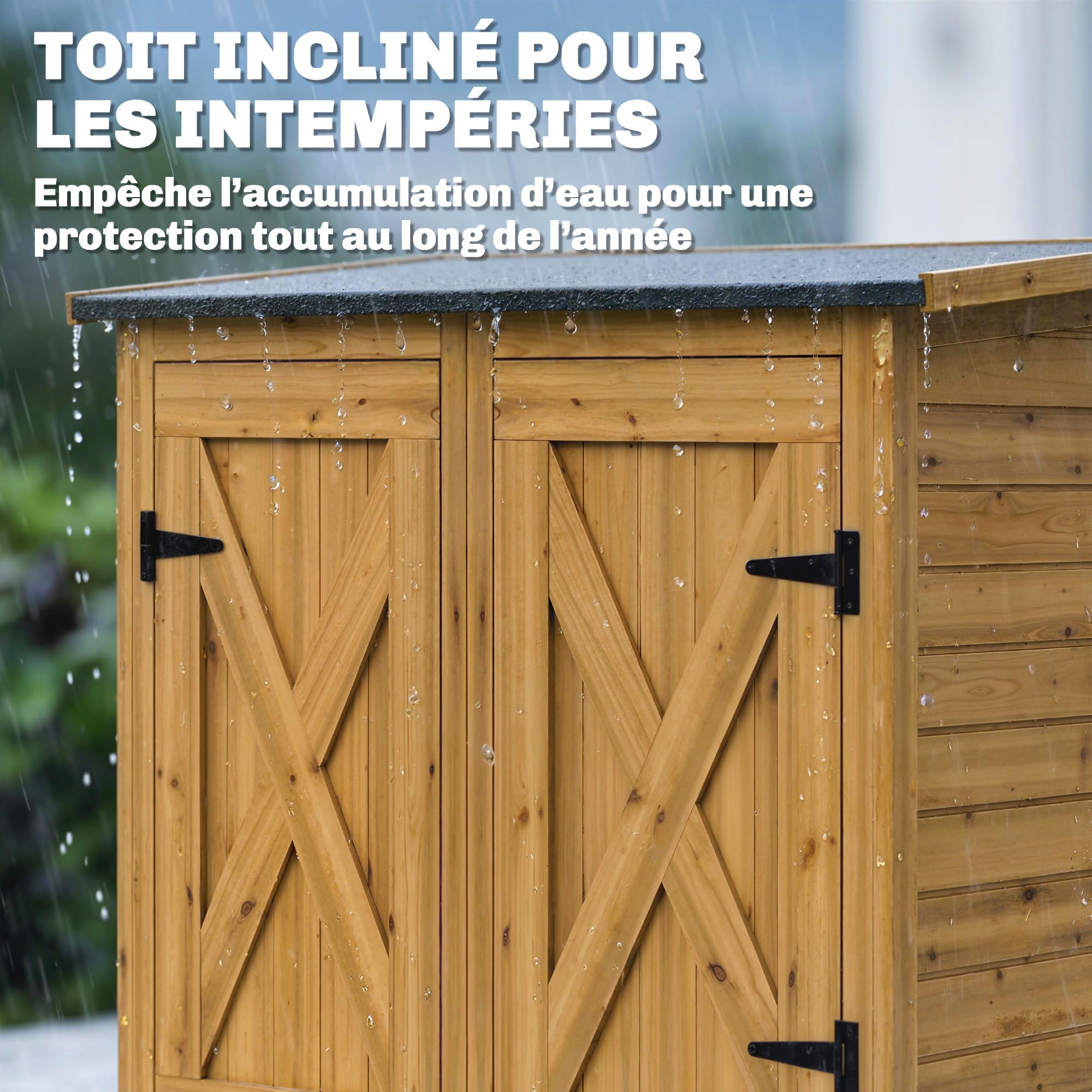Outsunny Abri de Rangement en Bois, Cabane de Jardin avec 2 Étagères, Double Portes et Loquets, Armoire à Outils avec Toit Incliné pour Terrasse, Jardin, Garage, Marron