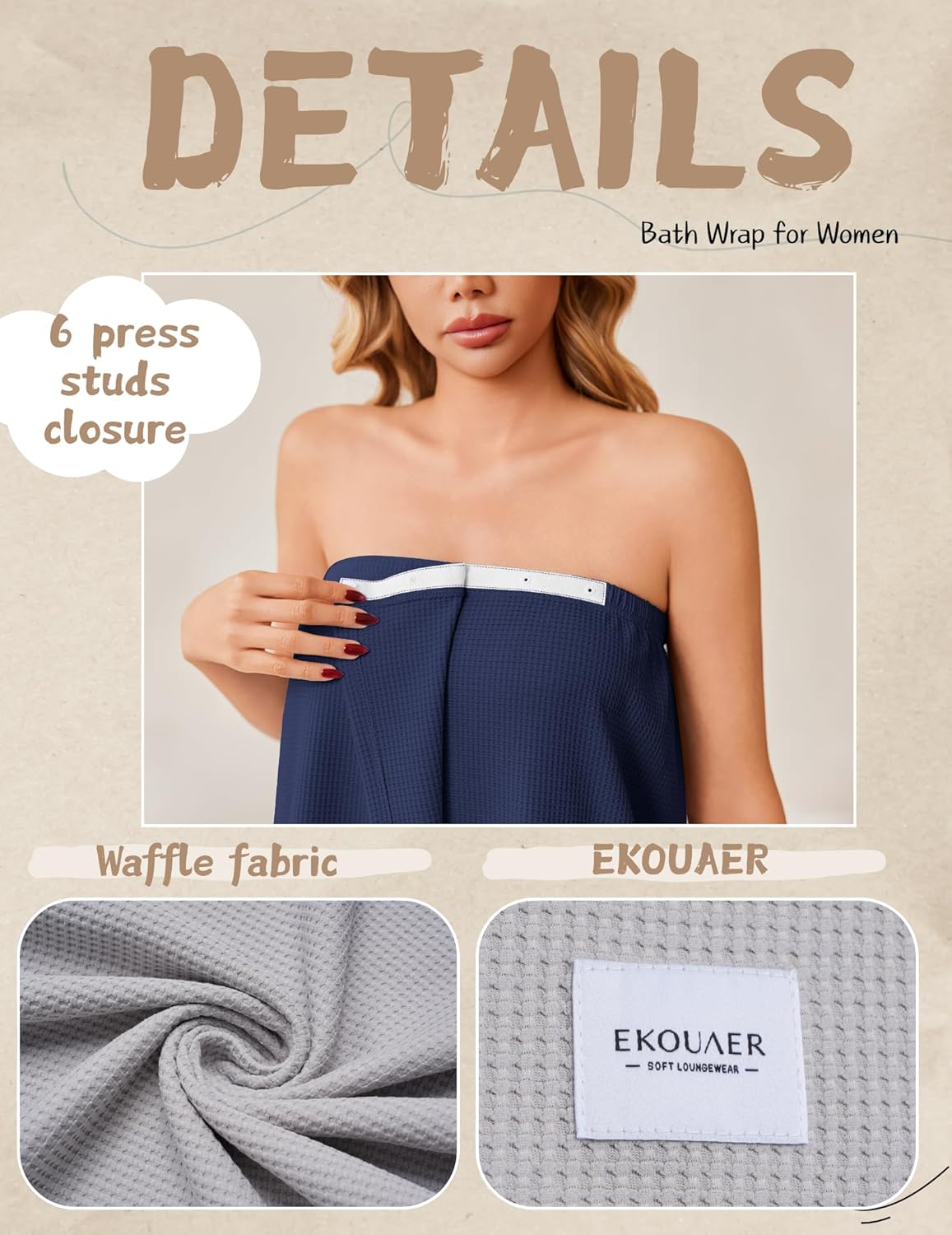 Ekouaer Waffle Robes For Women Bath Wrap Lightweight Shower Wrap 2026 Knee Length Spa Robe with Adjustable Closure S-XL - Image 2